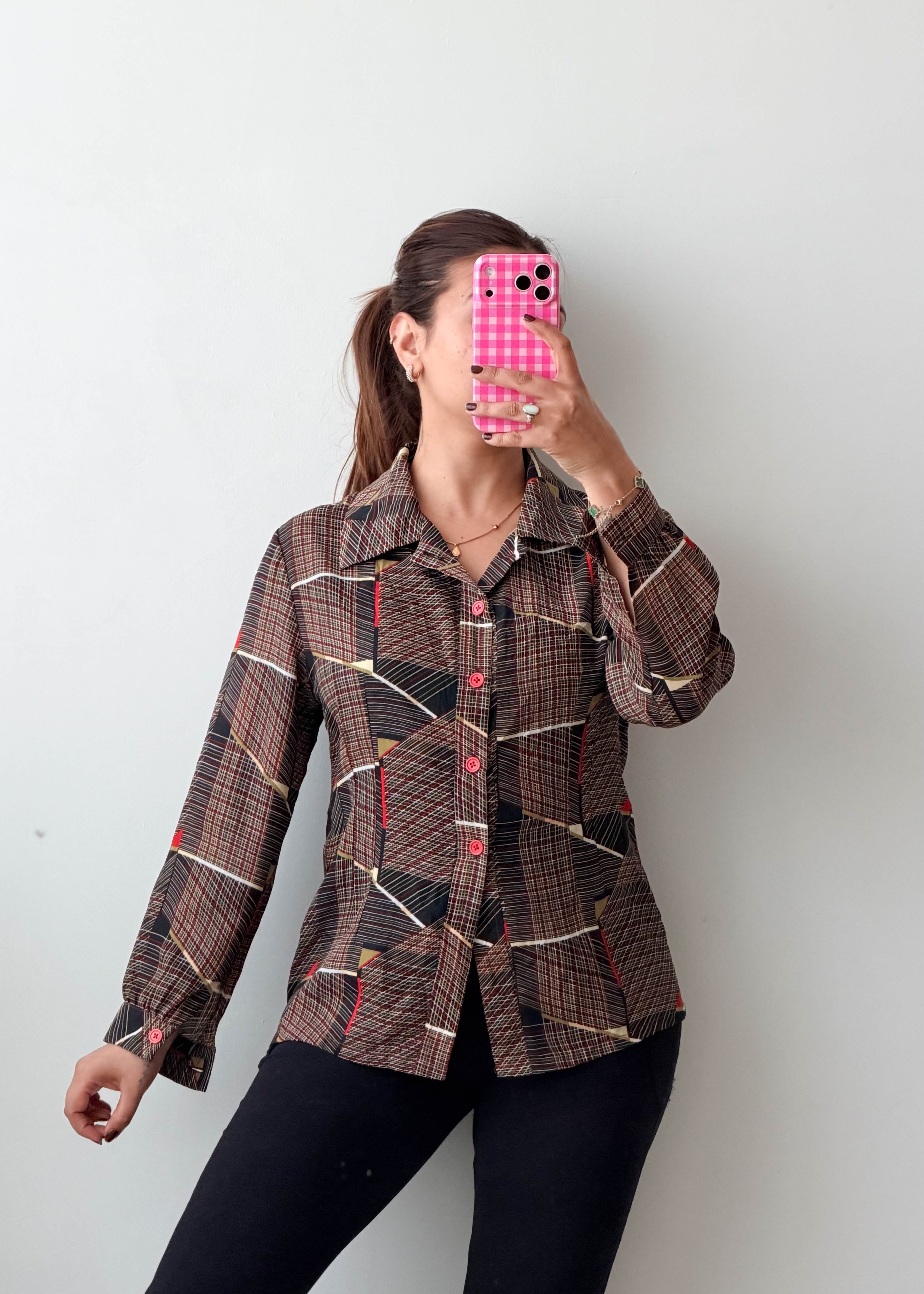 Size M Brown Geometric Checked Shirt Top