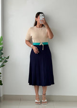 Size M-L Beige & Navy Colorblock Midi Dress