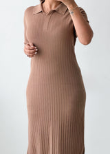 Size M-L Mocha Ribbed Polo Midi Dress
