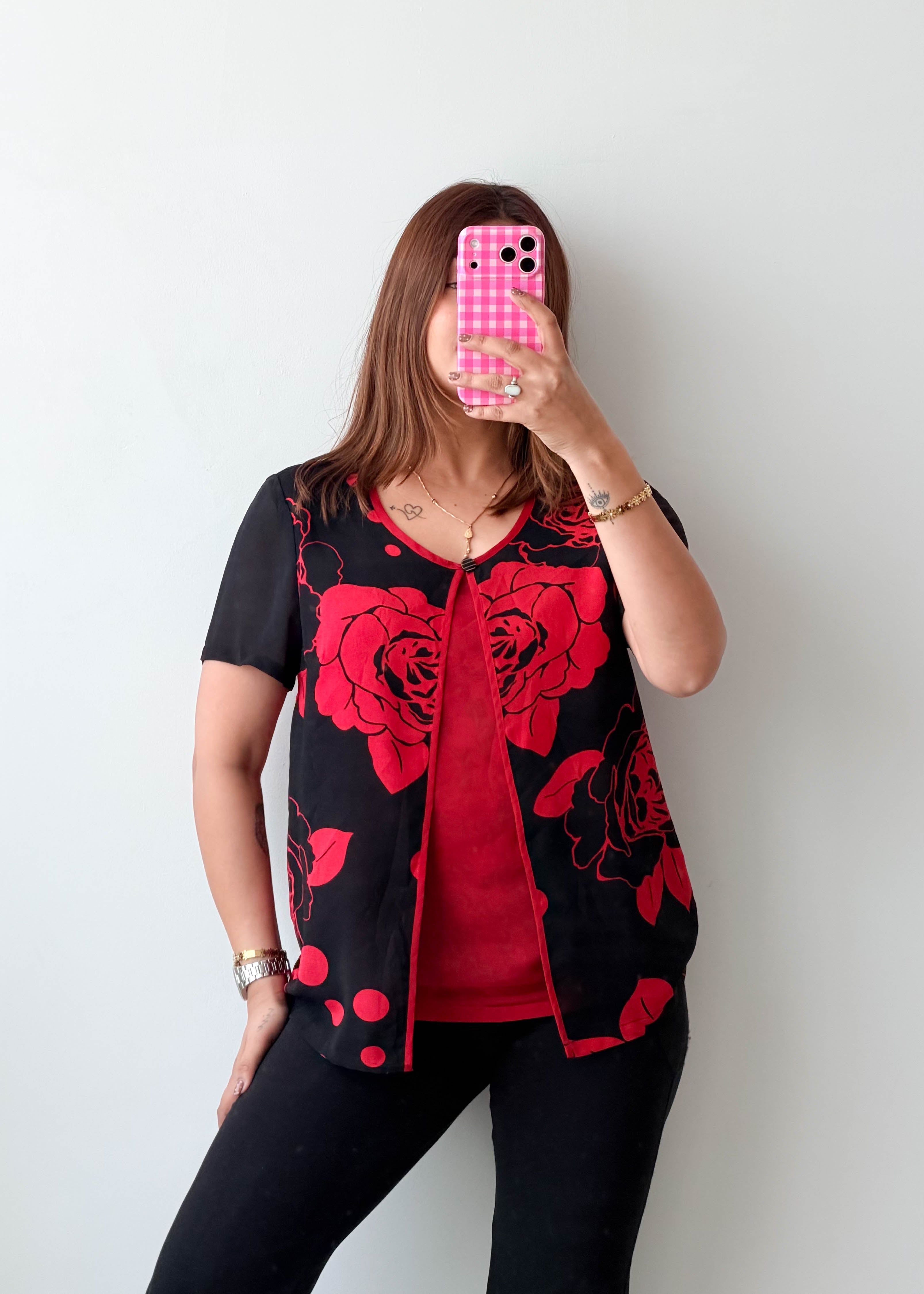 Size S-M Black Red Rose Print Layered Top
