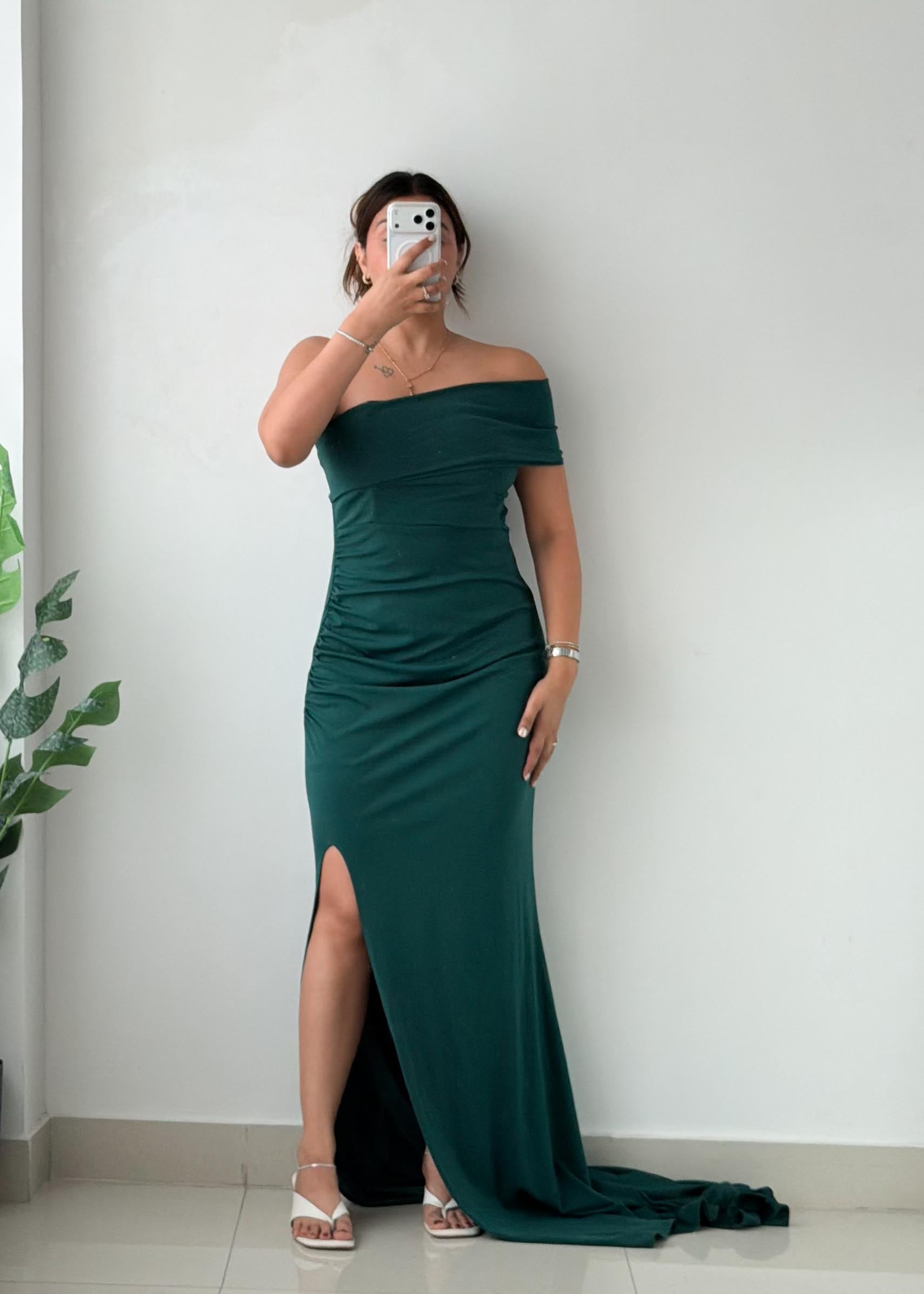 Size L-XL Dark Green One-Shoulder Maxi Dress