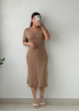 Size L-XL Mocha Ribbed Button-Front Midi Dress