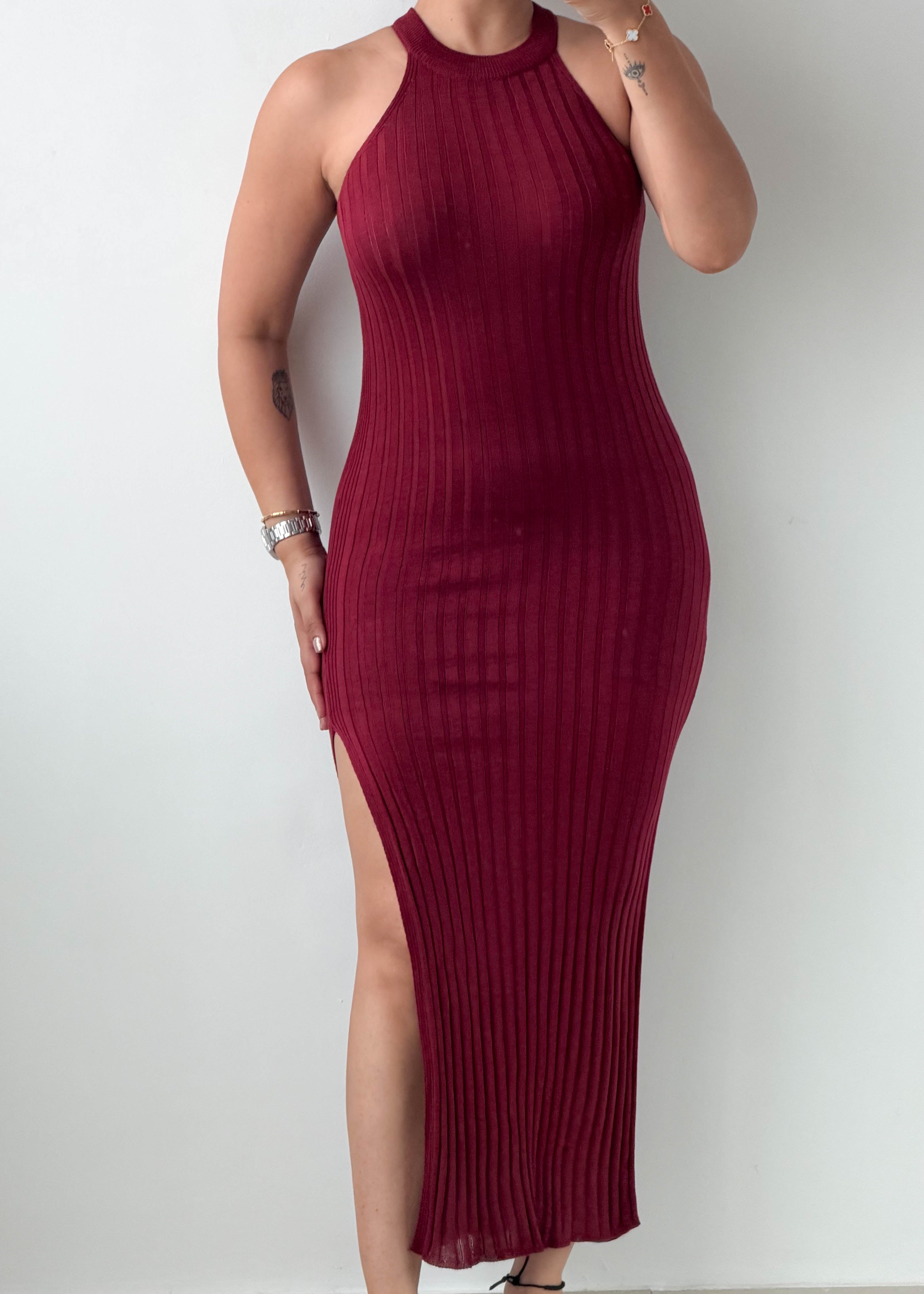 Size XS-S Burgundy Ribbed Halter Neck Maxi Dress