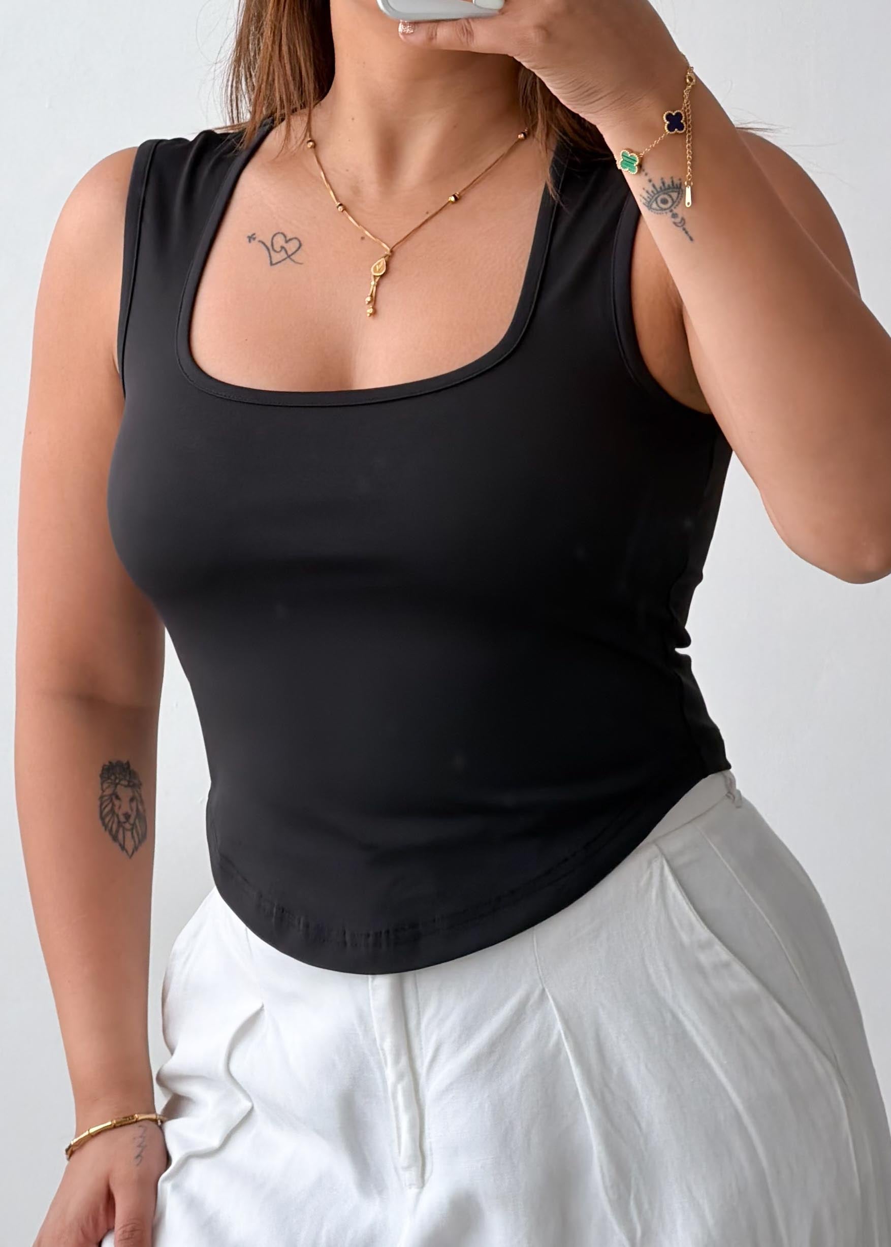 Size S, M, L Black Square Neck Tank Top