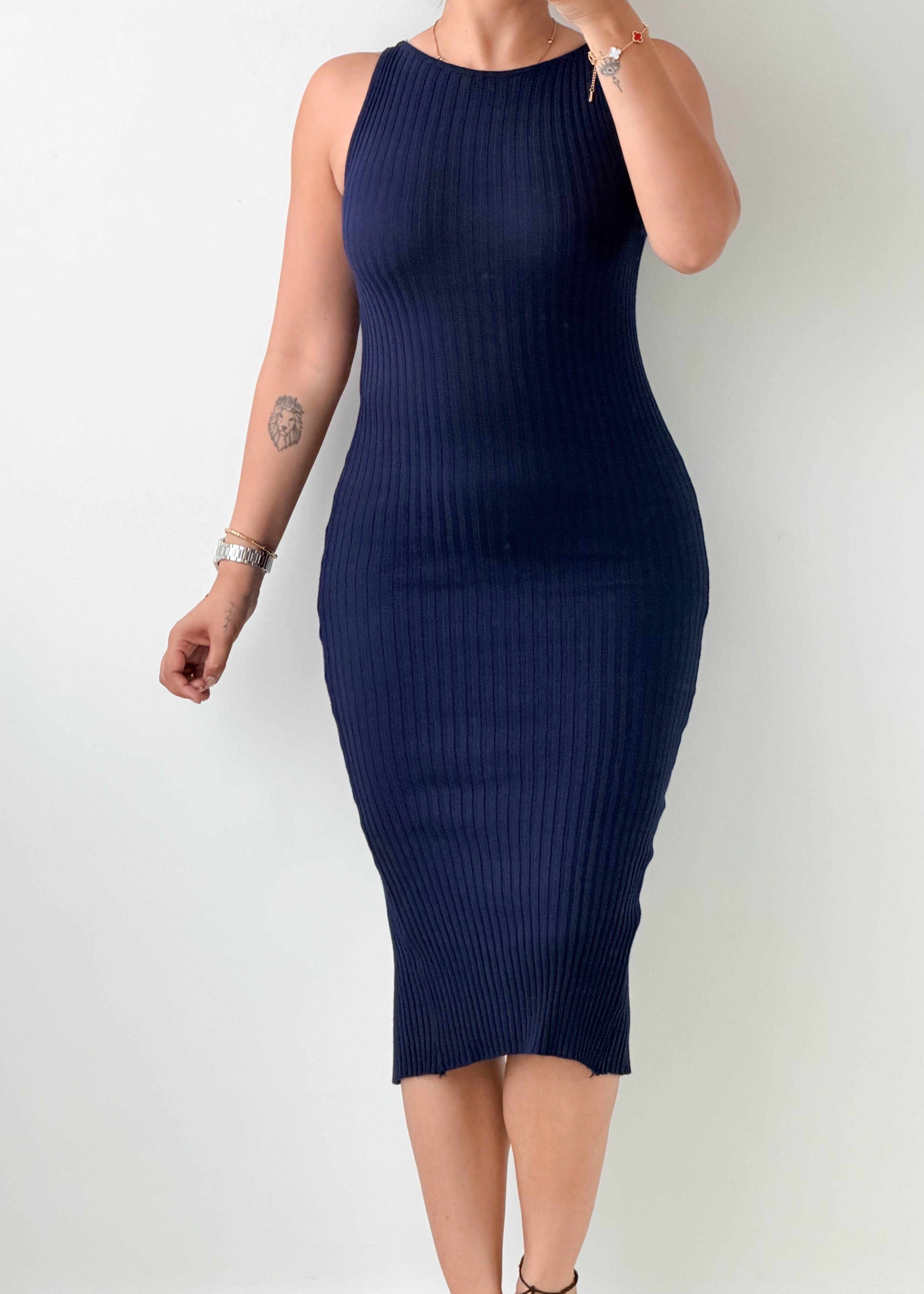 Size XS-S Navy Sleeveless Rib Knit Midi Dress