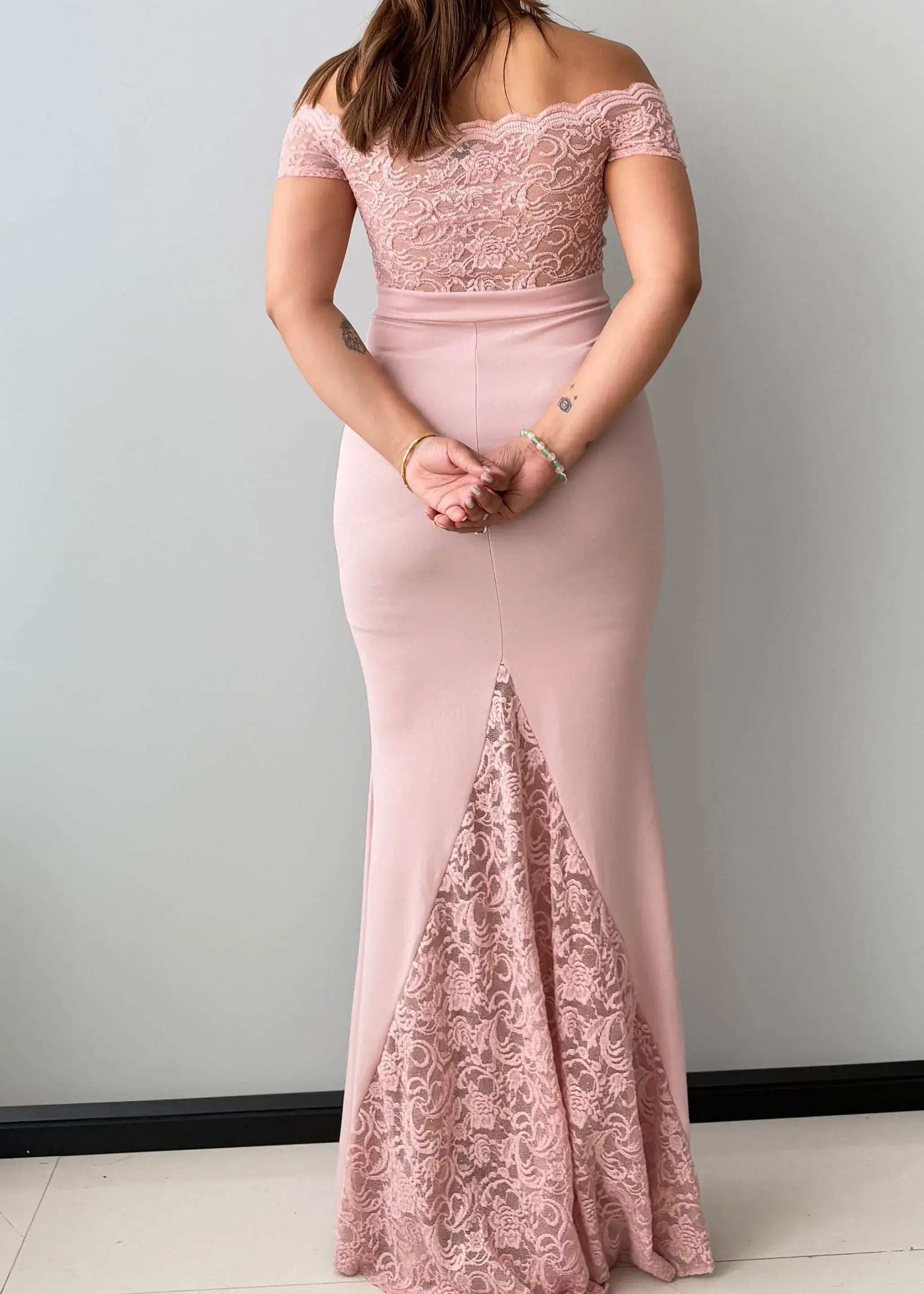 Size S-M, Blush Pink Off-Shoulder Lace Maxi Dress - Closet by Payal