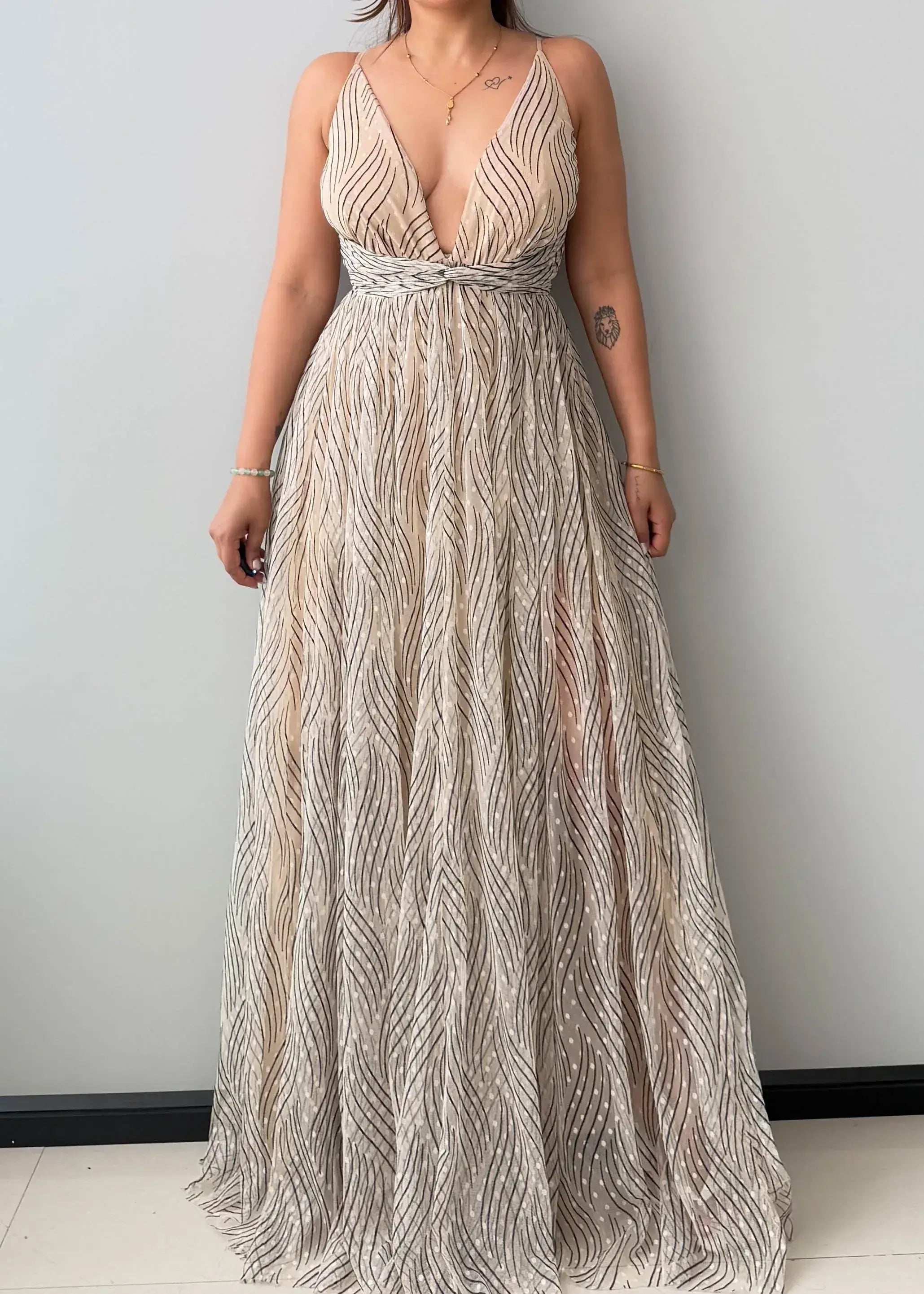 Size XS-S, Gold Plunge Neck Maxi Dress - Closet by Payal
