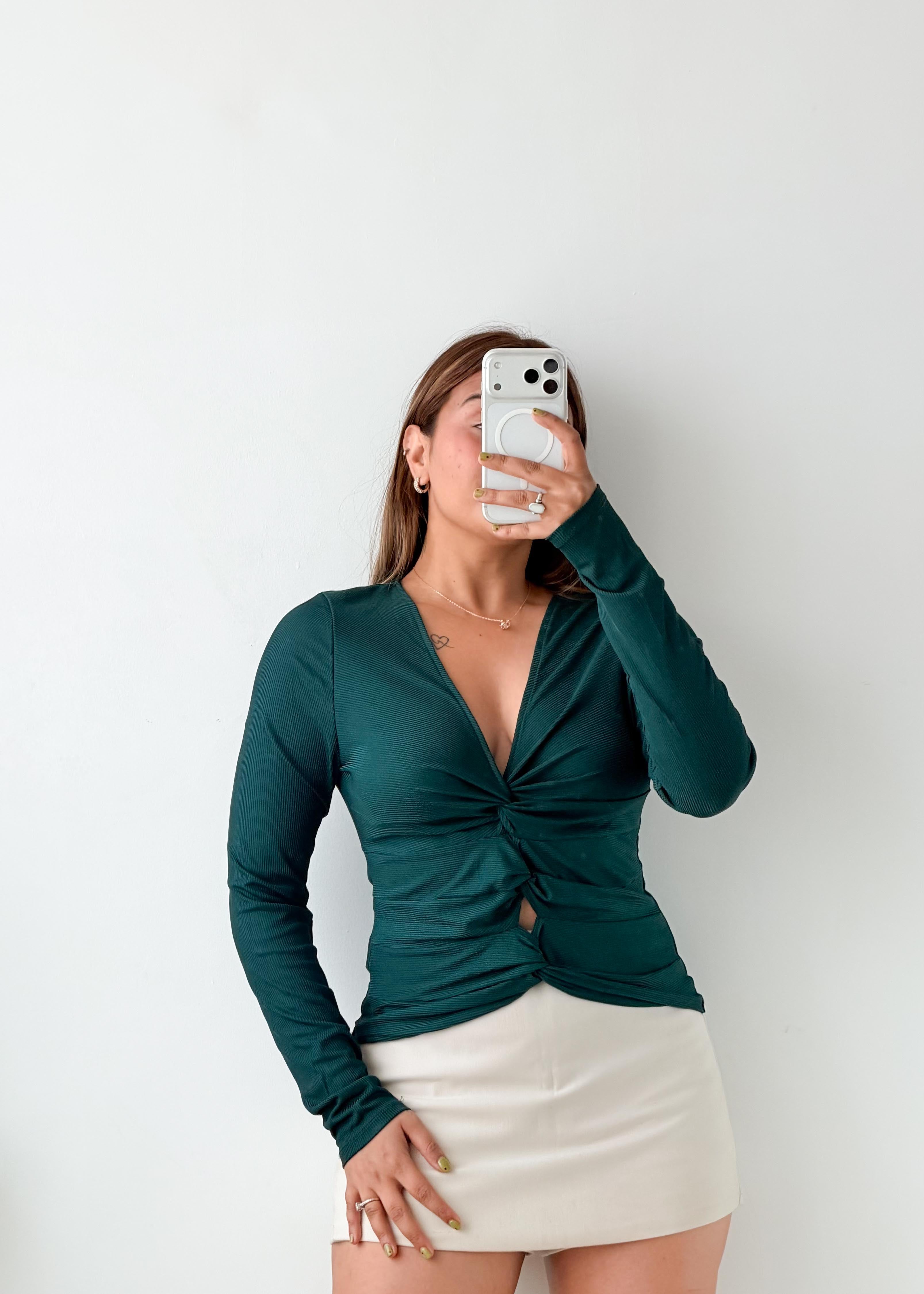 Size S-M Teal Ruched Tie-Up Top