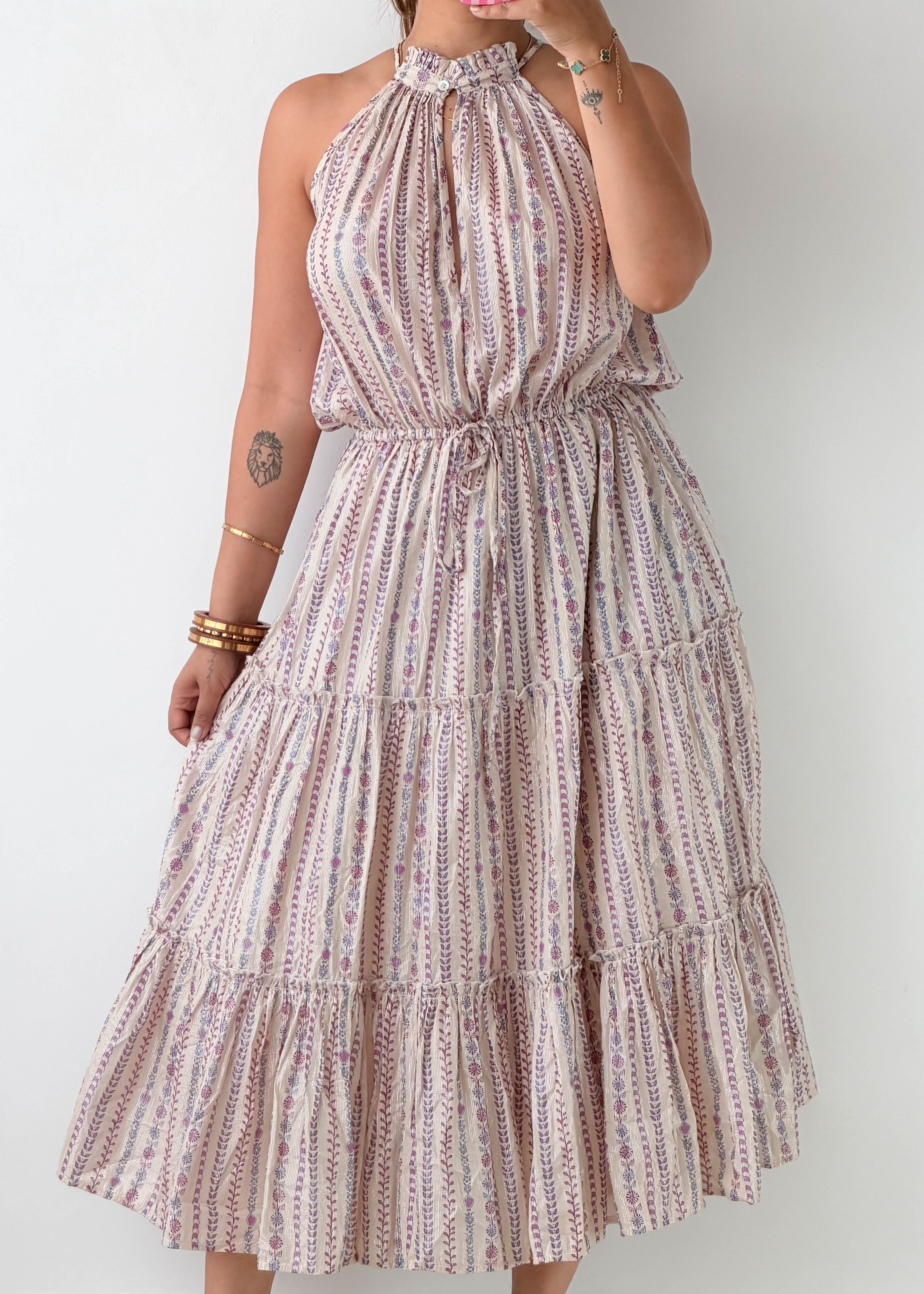 Size L-XL Beige Printed Halter Midi Dress