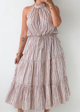 Size L-XL Beige Printed Halter Midi Dress