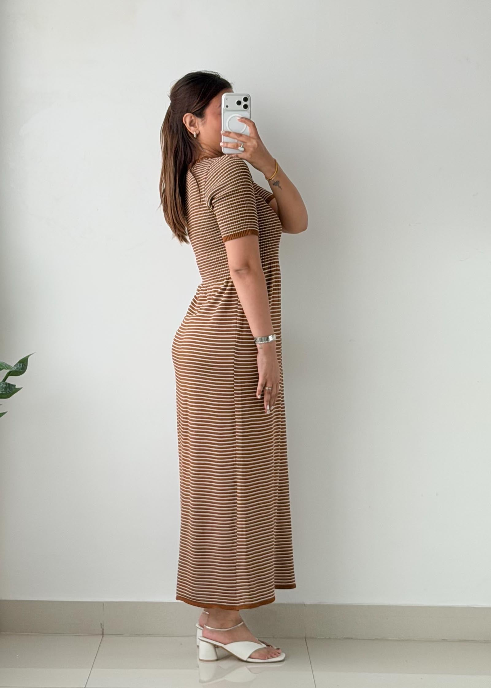 Size XS-S Brown Striped Bodycon Midi Dress