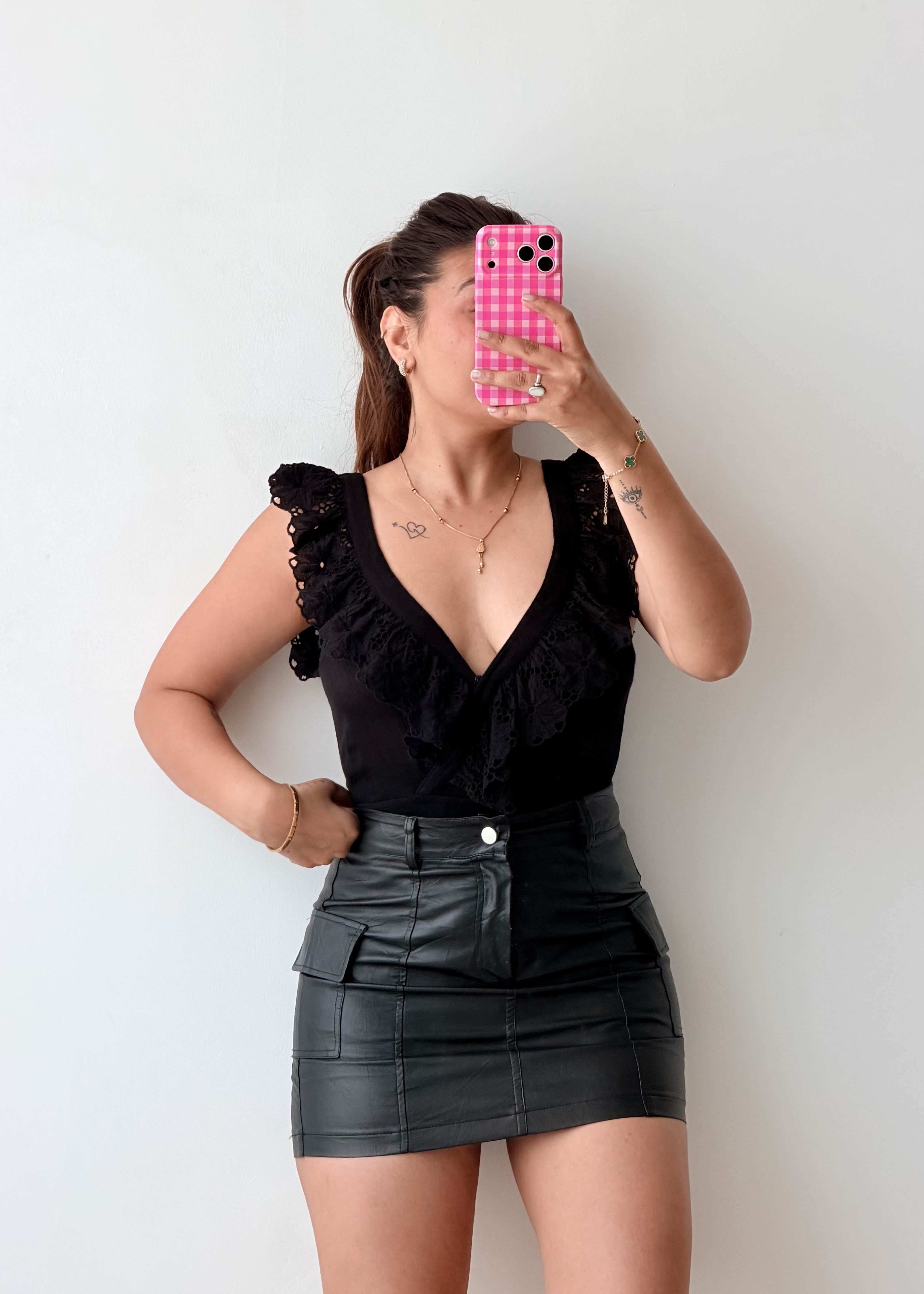 Size M Black Ruffle V-Neck Bodysuit