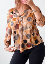 Size S-M Beige Abstract Circle Tie-Neck Blouse
