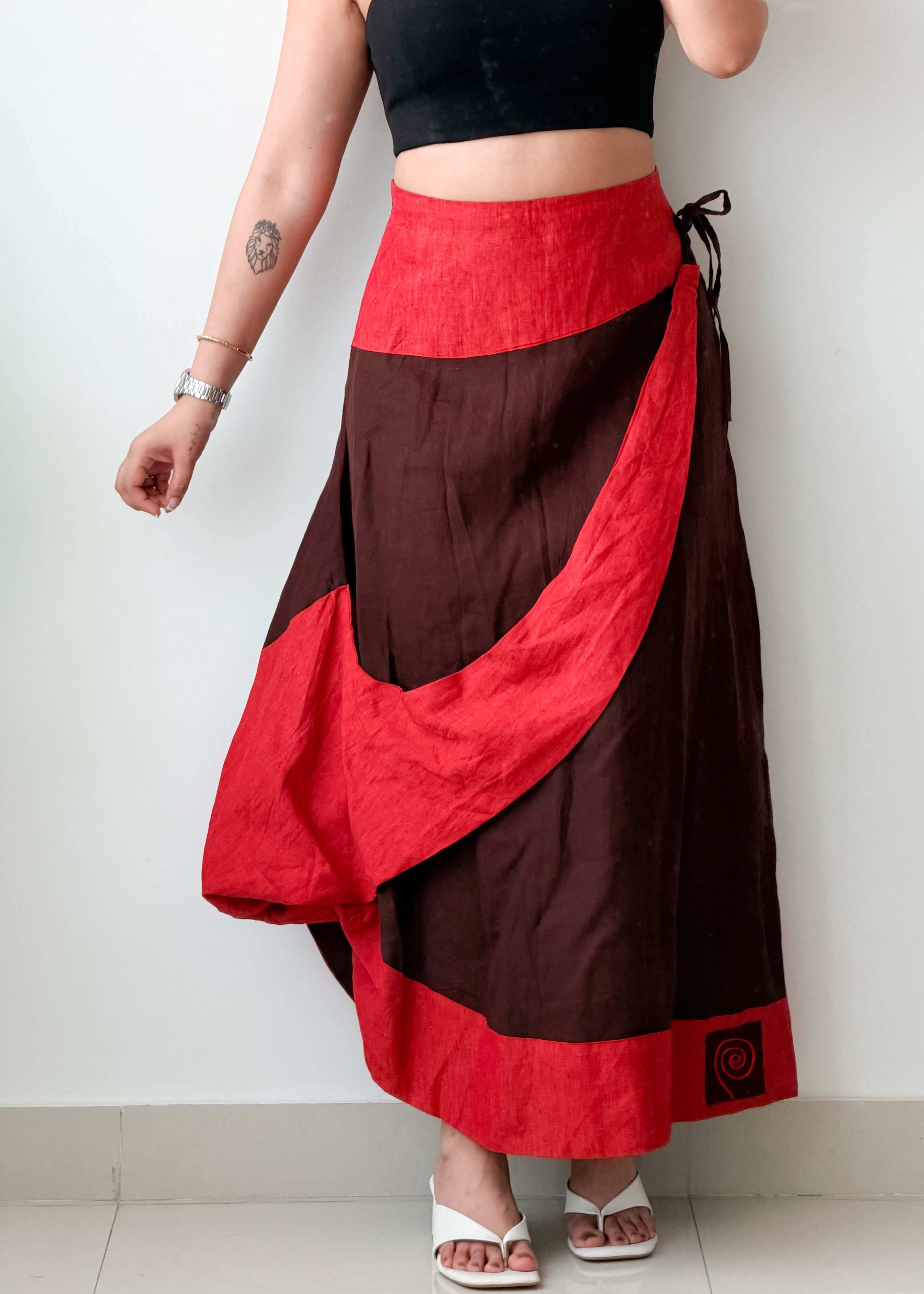 Waist 33-34 Red & Brown Wrap Maxi Skirt