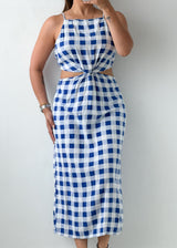 Size S-M Blue Gingham Cut-Out Midi Dress