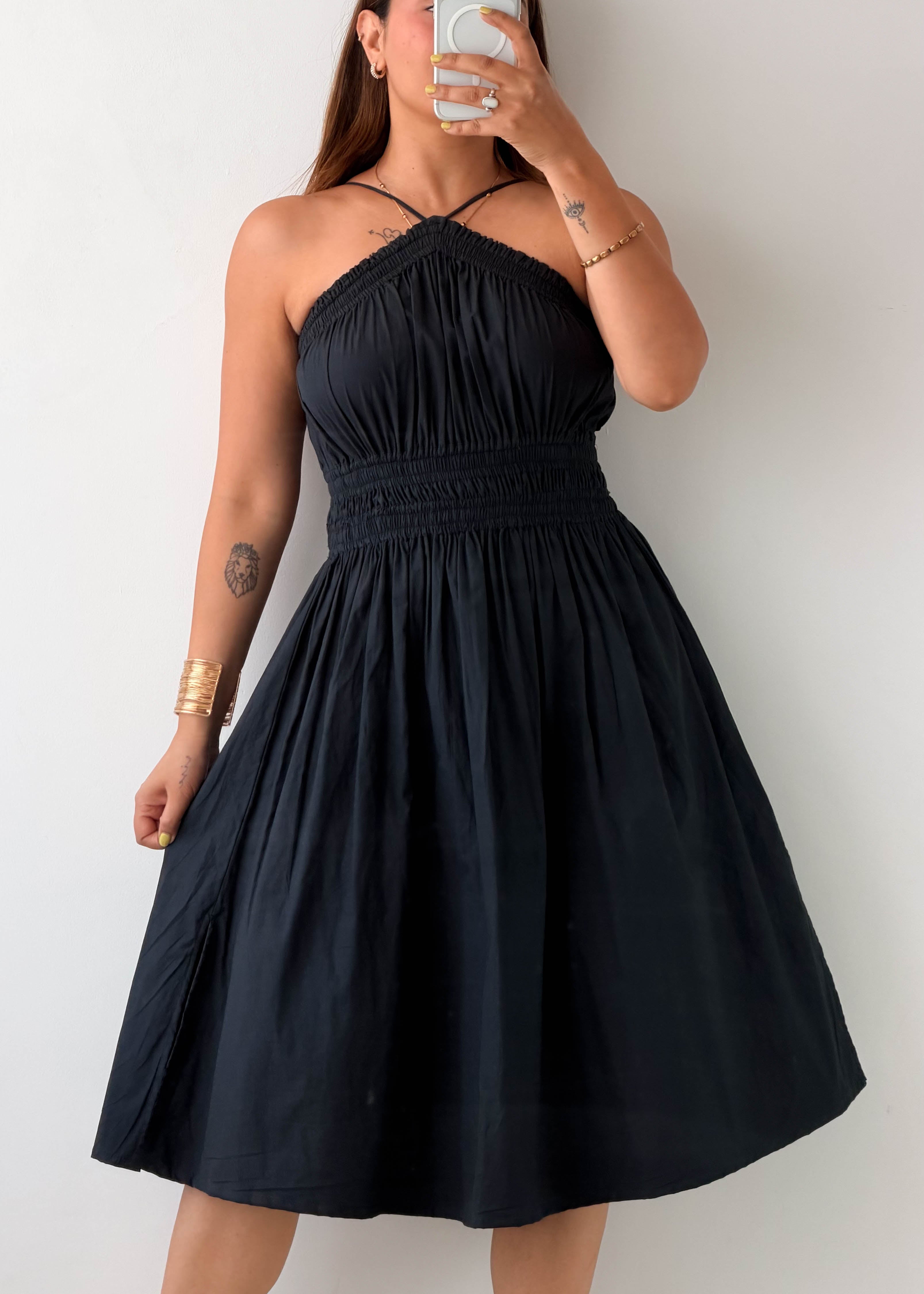 Size S-M Black Halter Smocked Midi Dress