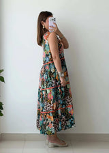 Size M, Multicolor Patch Print Tiered Maxi Dress
