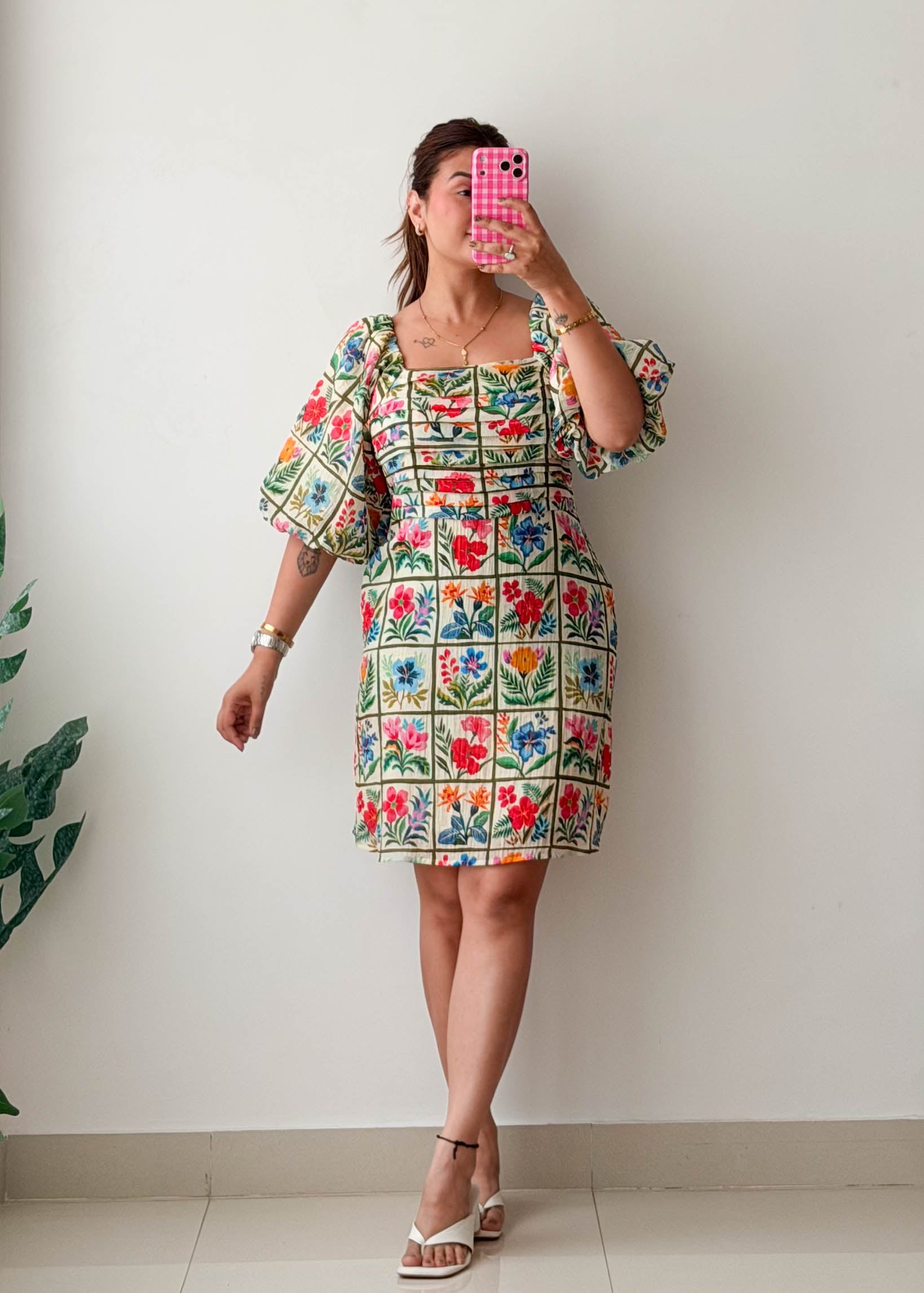 Size XXL Multicolor Floral Grid Print Puff Sleeve Dress