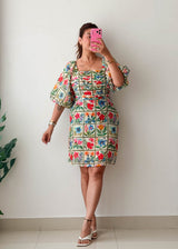 Size XXL Multicolor Floral Grid Print Puff Sleeve Dress