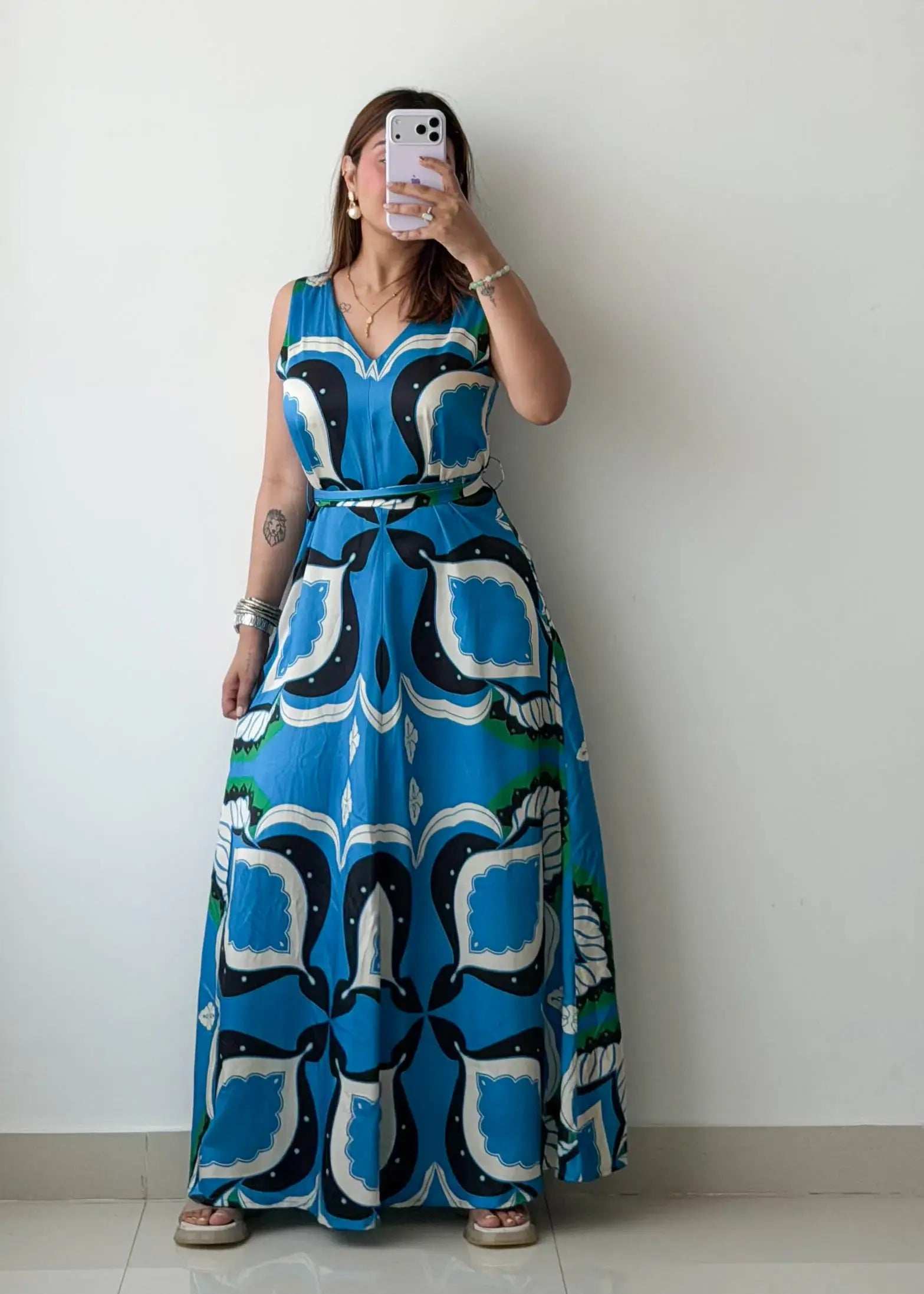 Size M-L, Blue Printed Maxi Dress