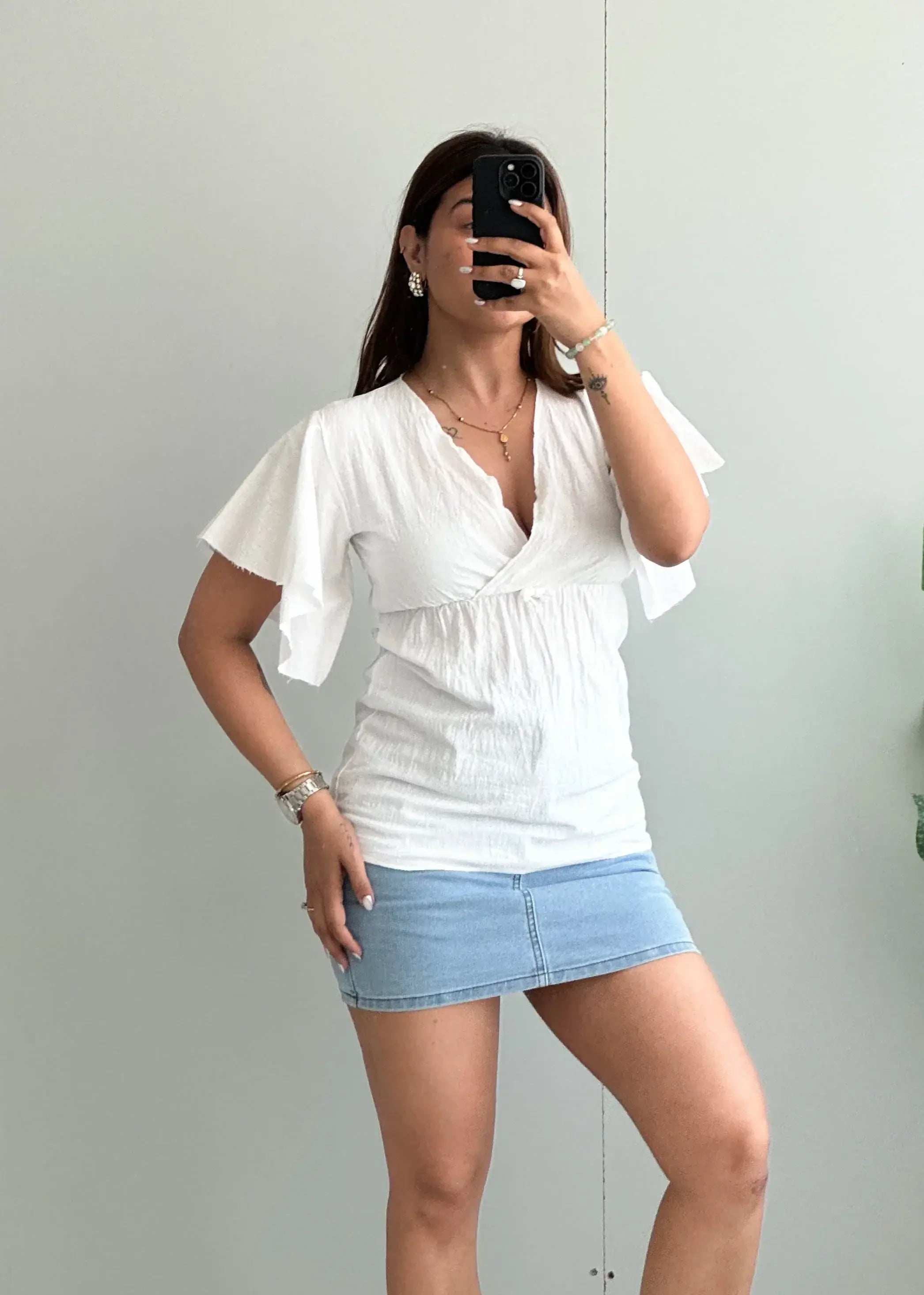 Size XS-S, Soft Cotton White V Neck Summer Top - Closet by Payal