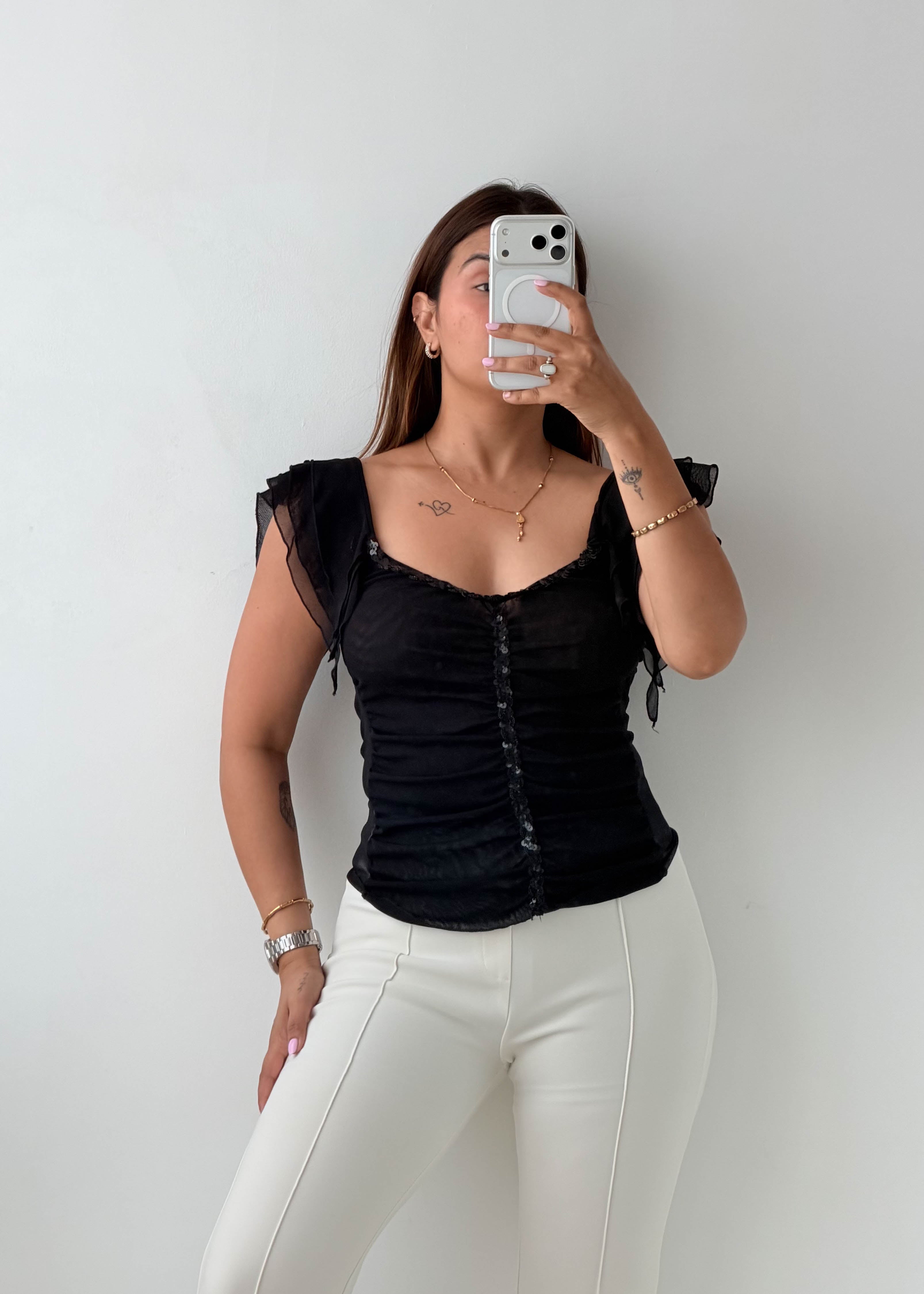 Size XS-S Black Ruched Flutter Sleeve Top