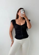 Size XS-S Black Ruched Flutter Sleeve Top