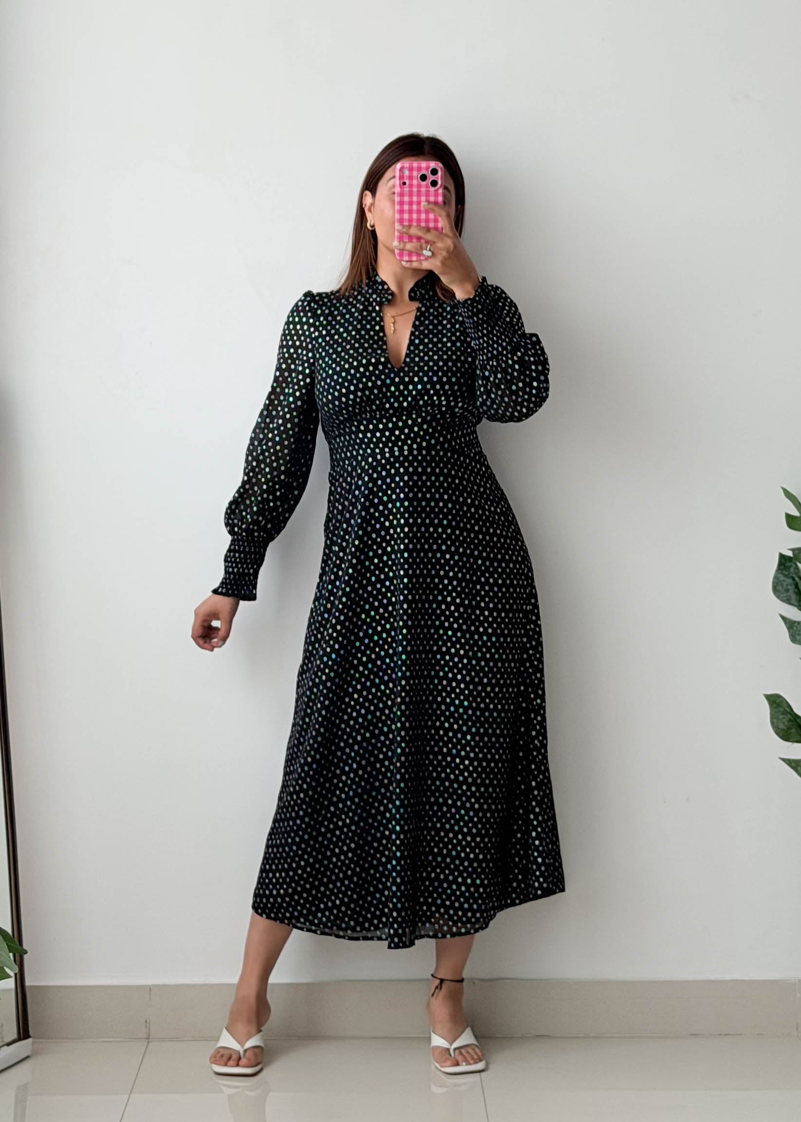 Size XS-S Black Polka Dot Midi Dress