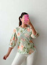 Size XS-S Mint Green Floral Puff Sleeve Top