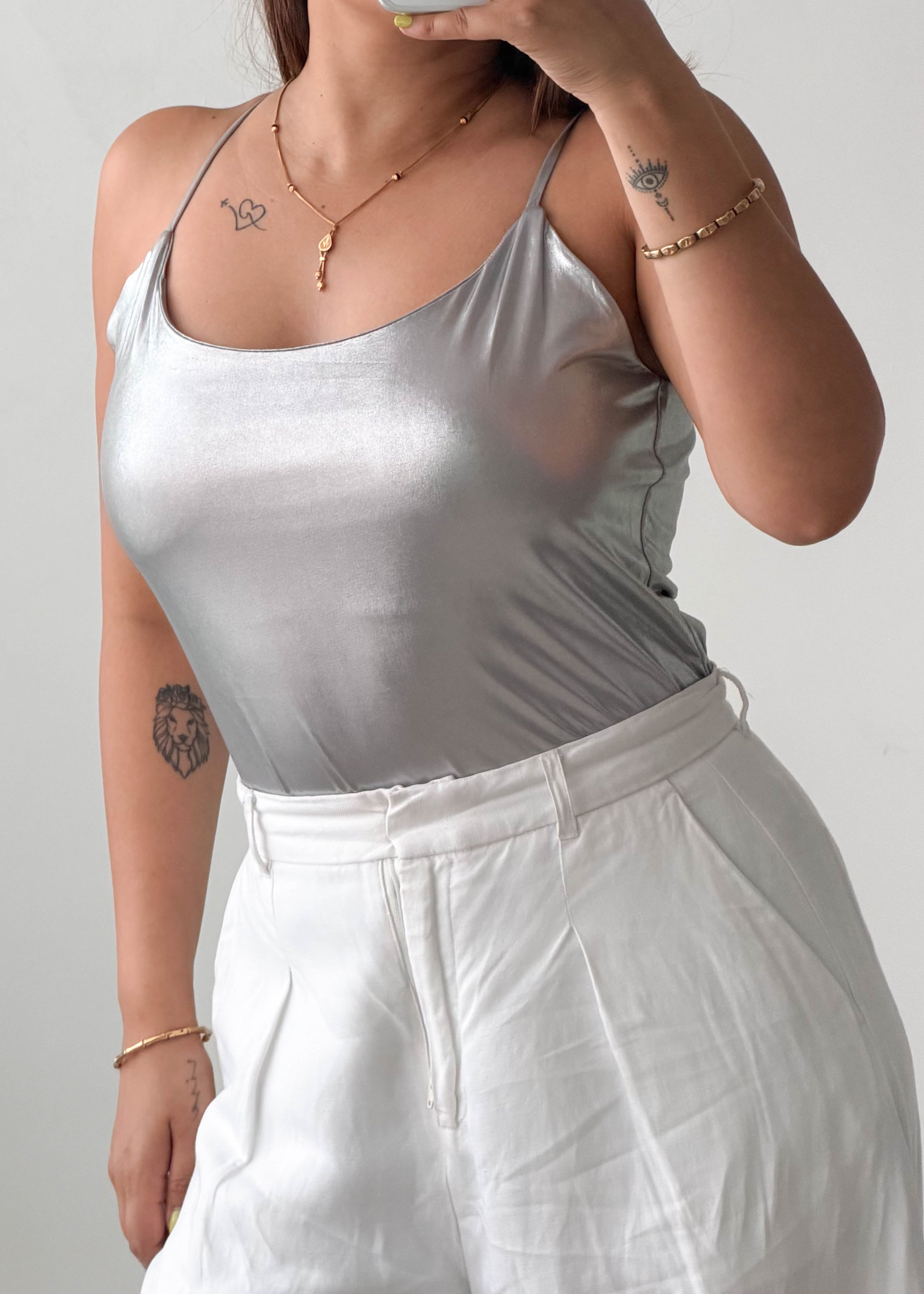 Size M-L Silver Metallic Cami Bodysuit