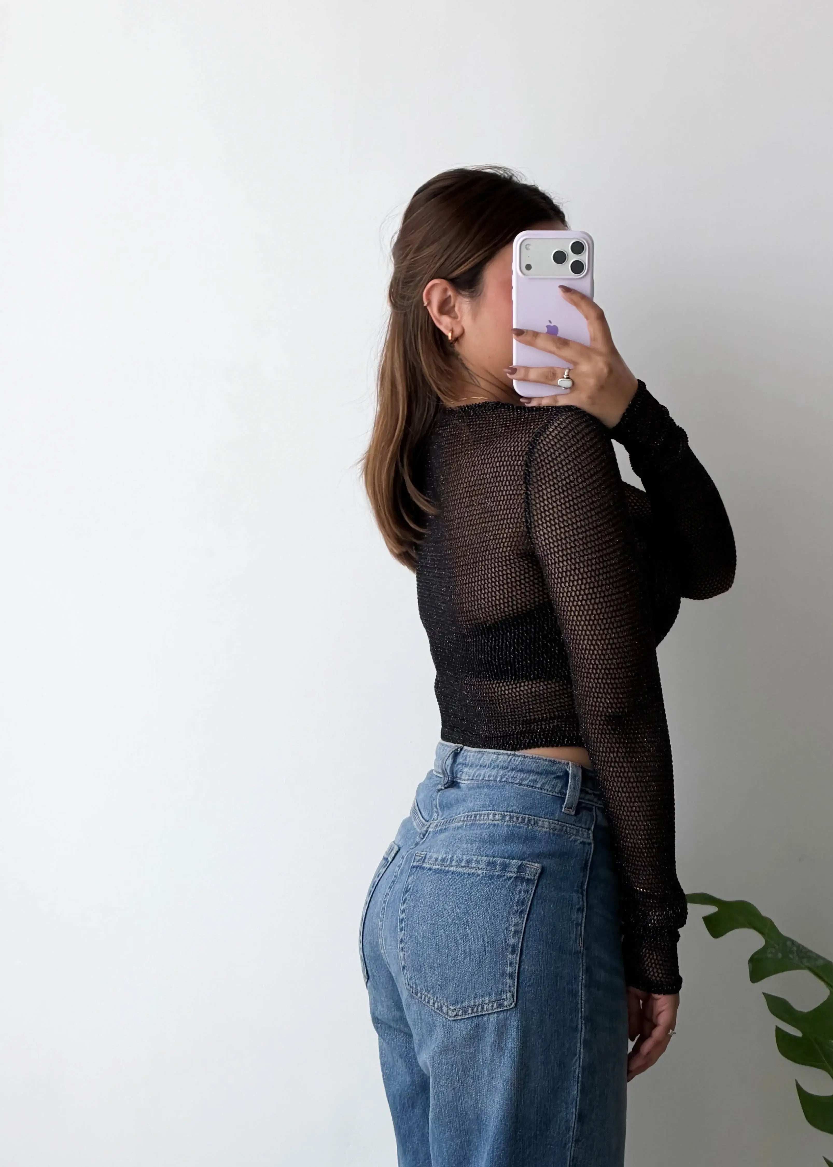 SIZE XS-S, Black Sheer Long Sleeve Crop Top