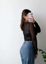 SIZE XS-S, Black Sheer Long Sleeve Crop Top