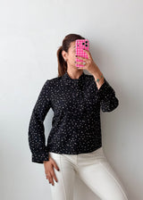 Size XS-S Black Polka Dot Tie-Neck Shirt Top