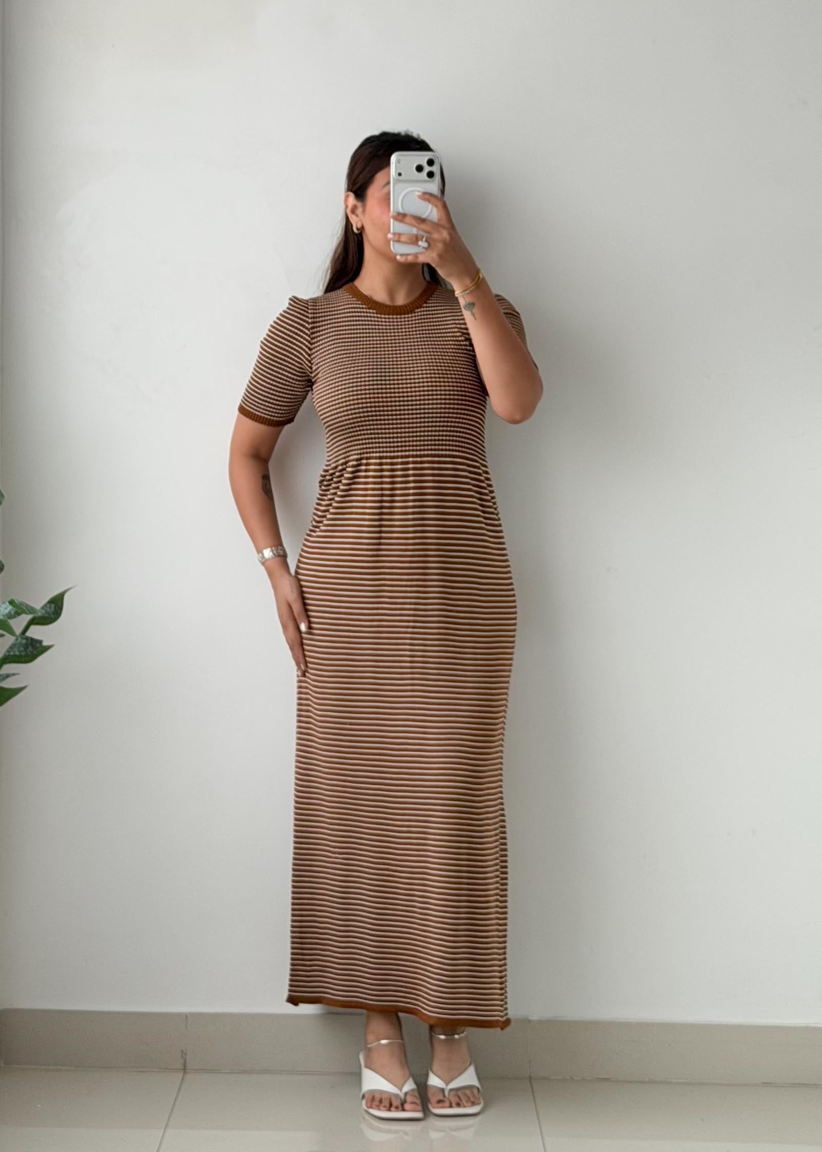Size XS-S Brown Striped Bodycon Midi Dress