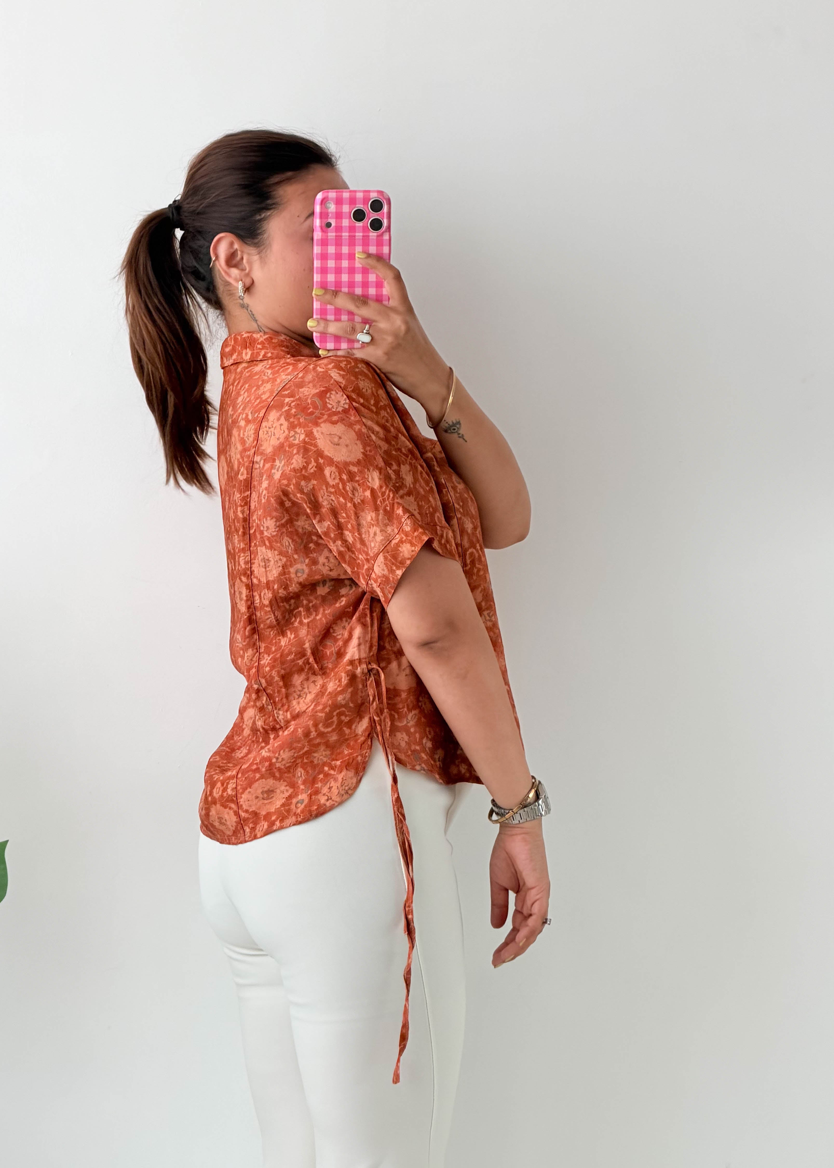 Size S-M Rust Floral Tie-Side Shirt