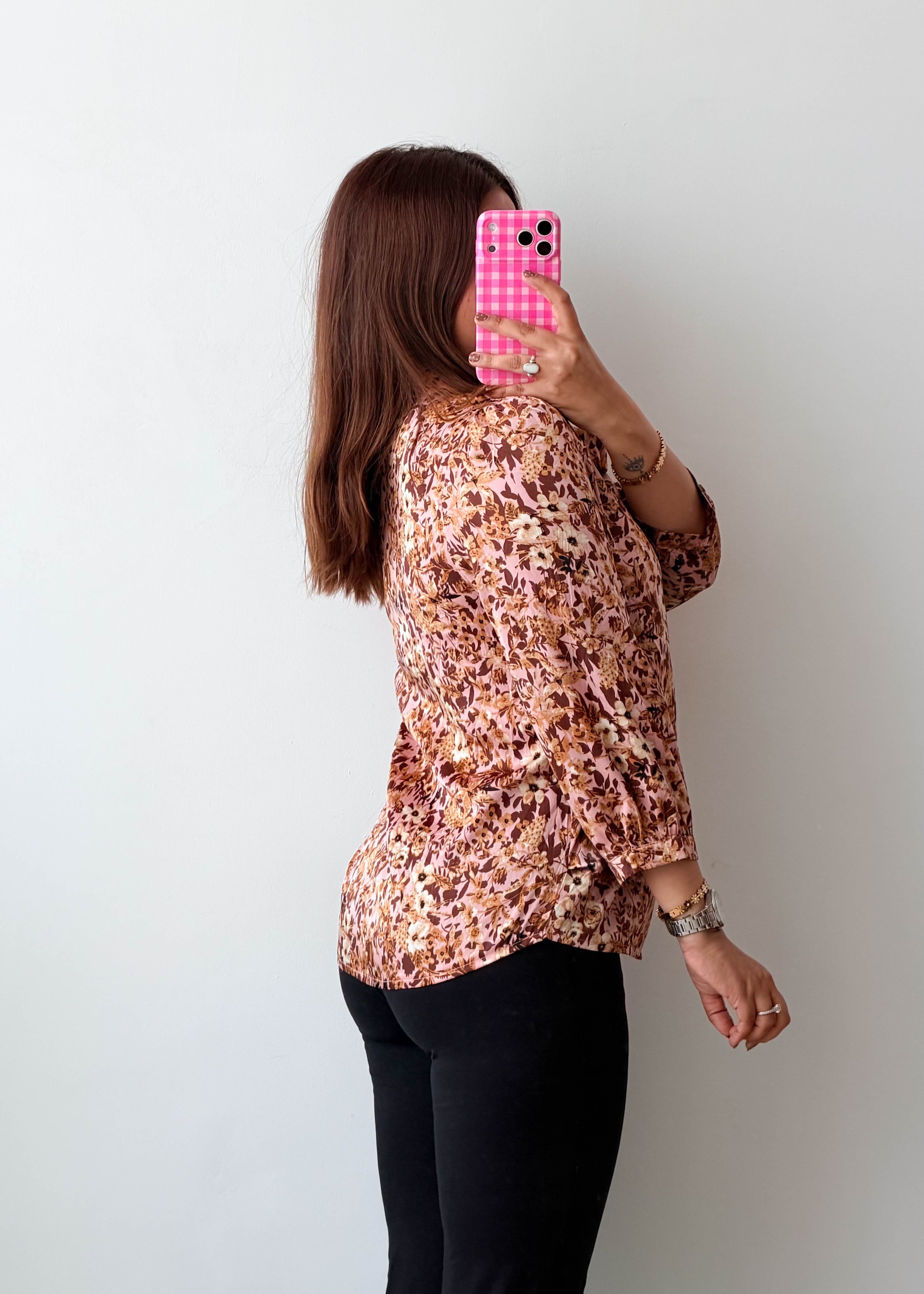 Size XS-S Beige Floral Tie-Neck Blouse