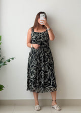 Size M Black Tropical Print Midi Dress