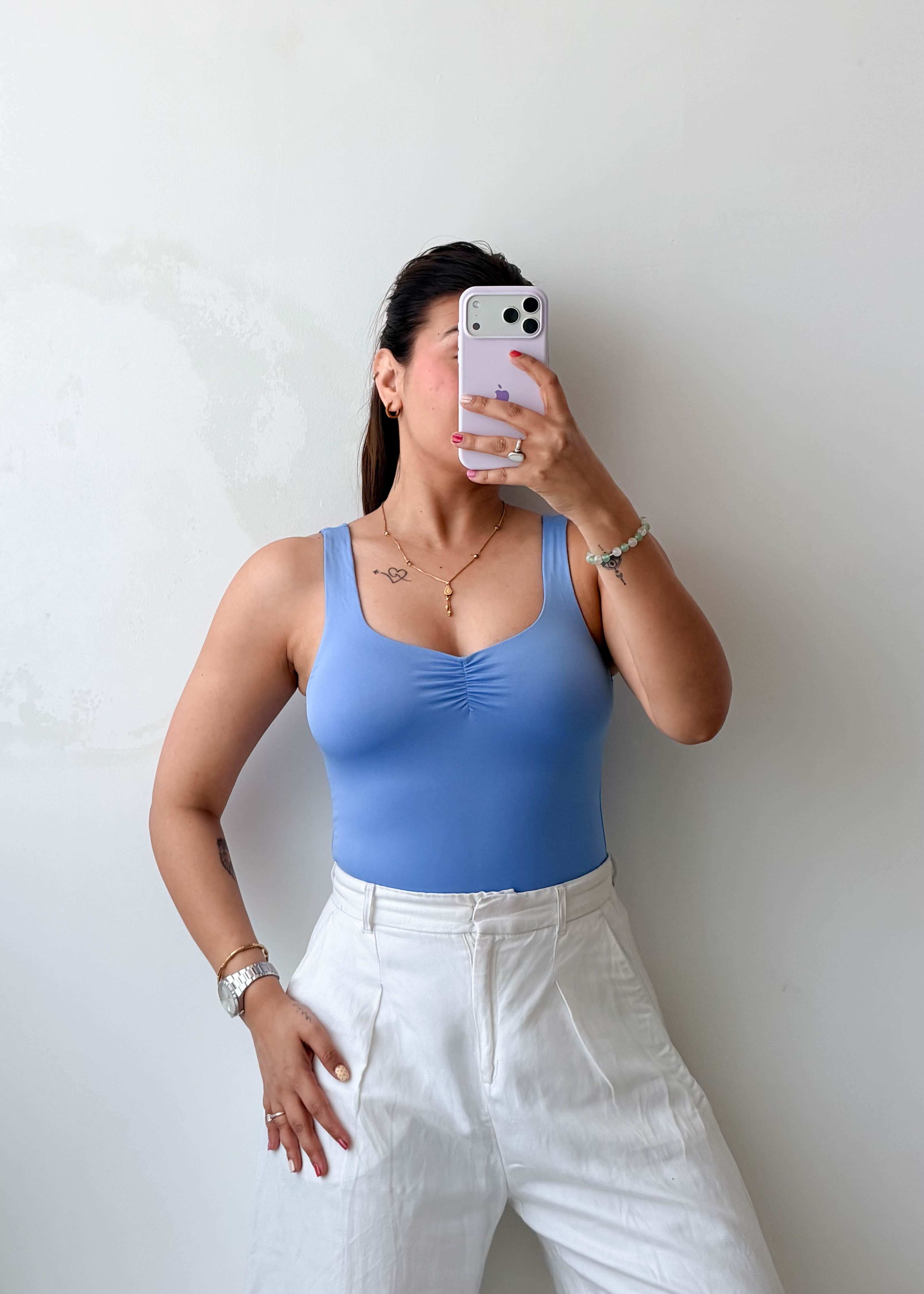 Size XS-S Powder Blue Ruched Bodysuit
