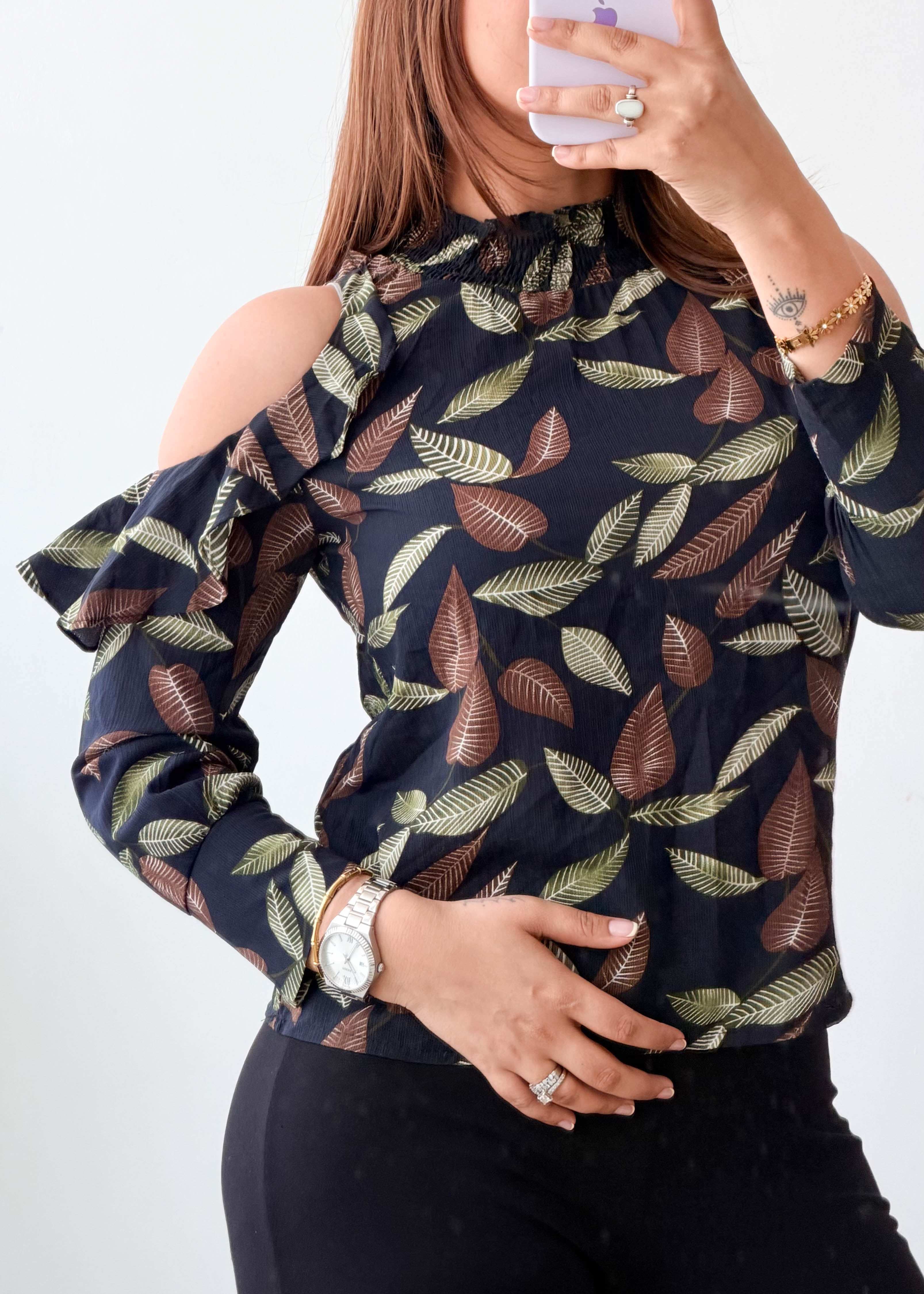 Size XS-S Black Leaf Print Cold Shoulder Top