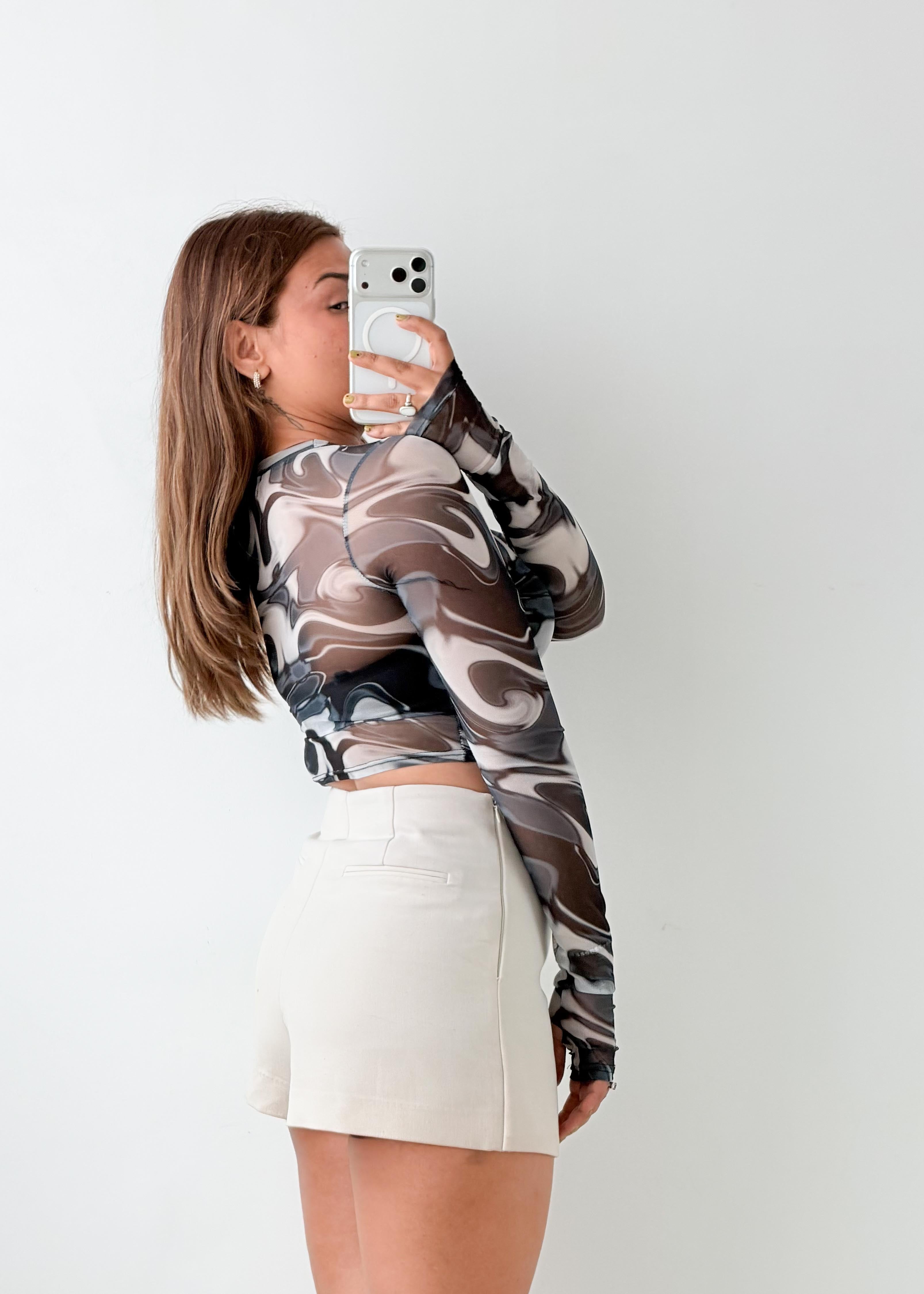 Size XS-S Grey Abstract Mesh Crop Top