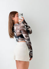 Size XS-S Grey Abstract Mesh Crop Top