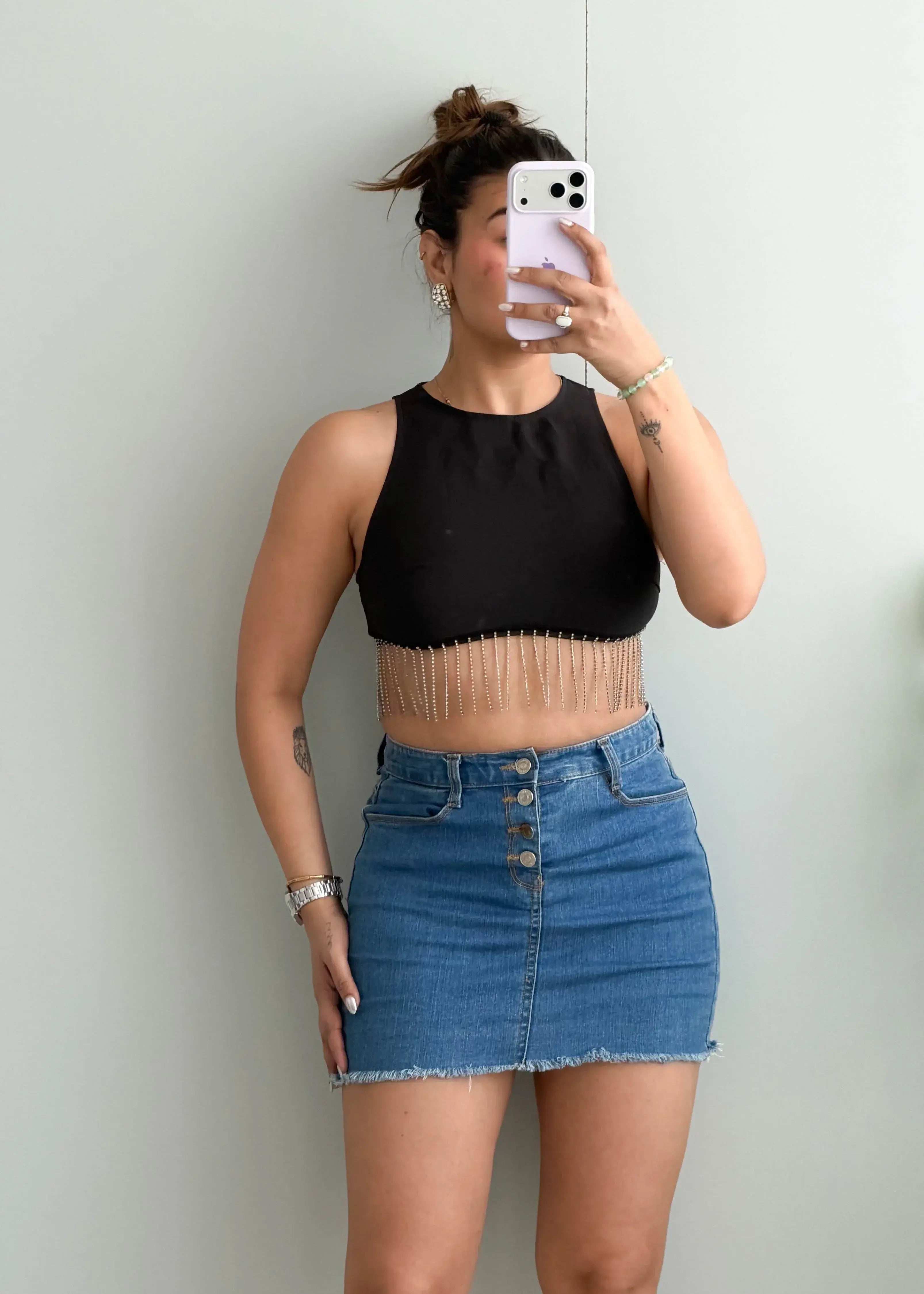 Size XS-S, Black Fringe Hem Crop Top - Closet by Payal