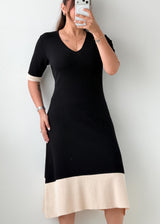 S-M Black & Cream Colorblock Midi Dress