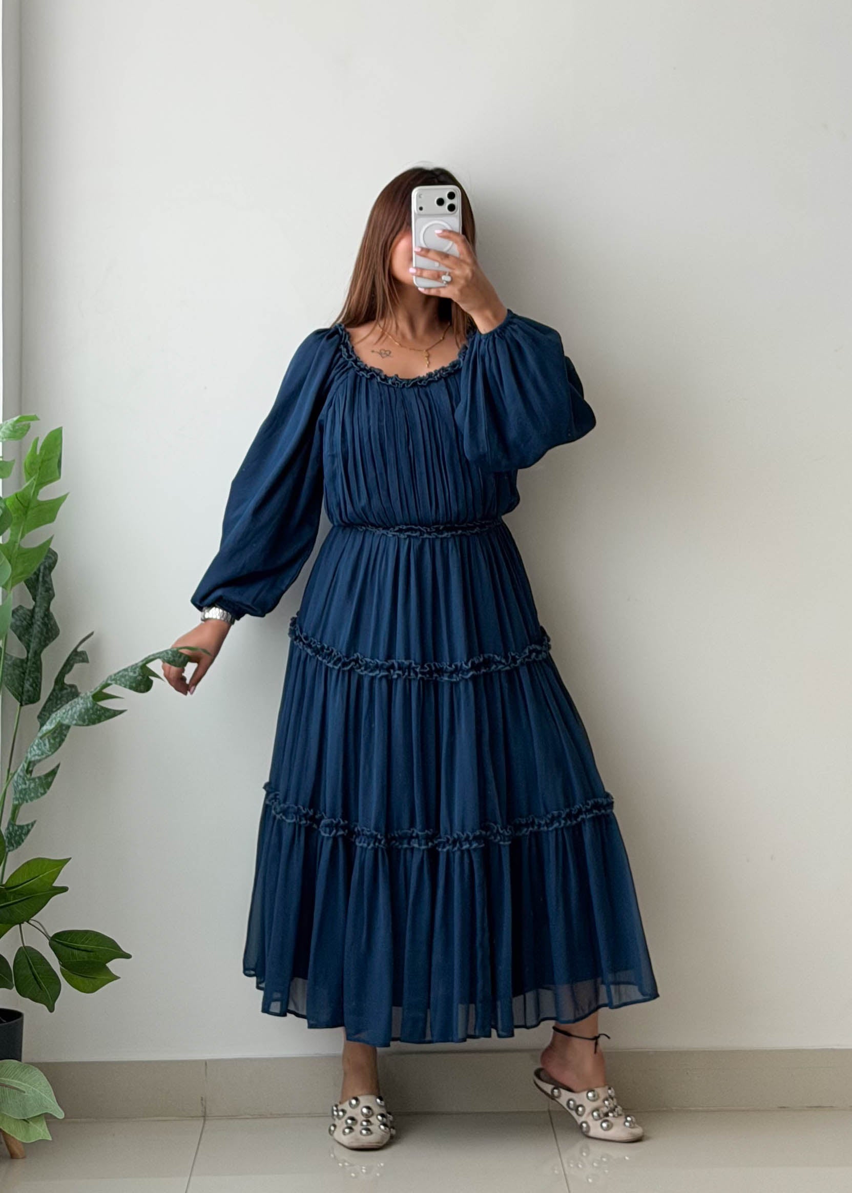Size XS-S Navy Tiered Chiffon Midi Dress