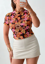 Size XS-S Brown Floral Mesh Mock Neck Top