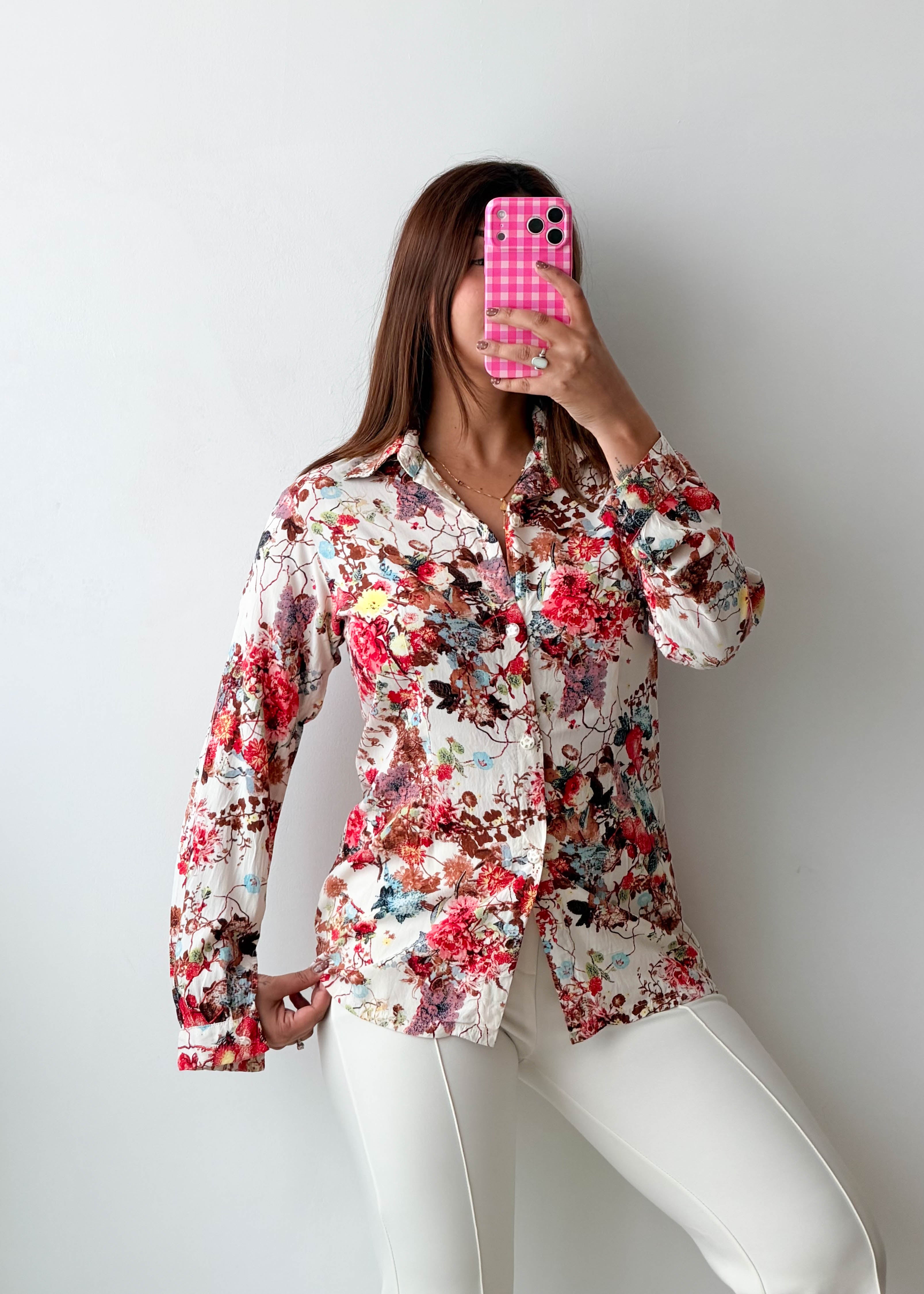 Size XS-S White Red Floral Shirt Top