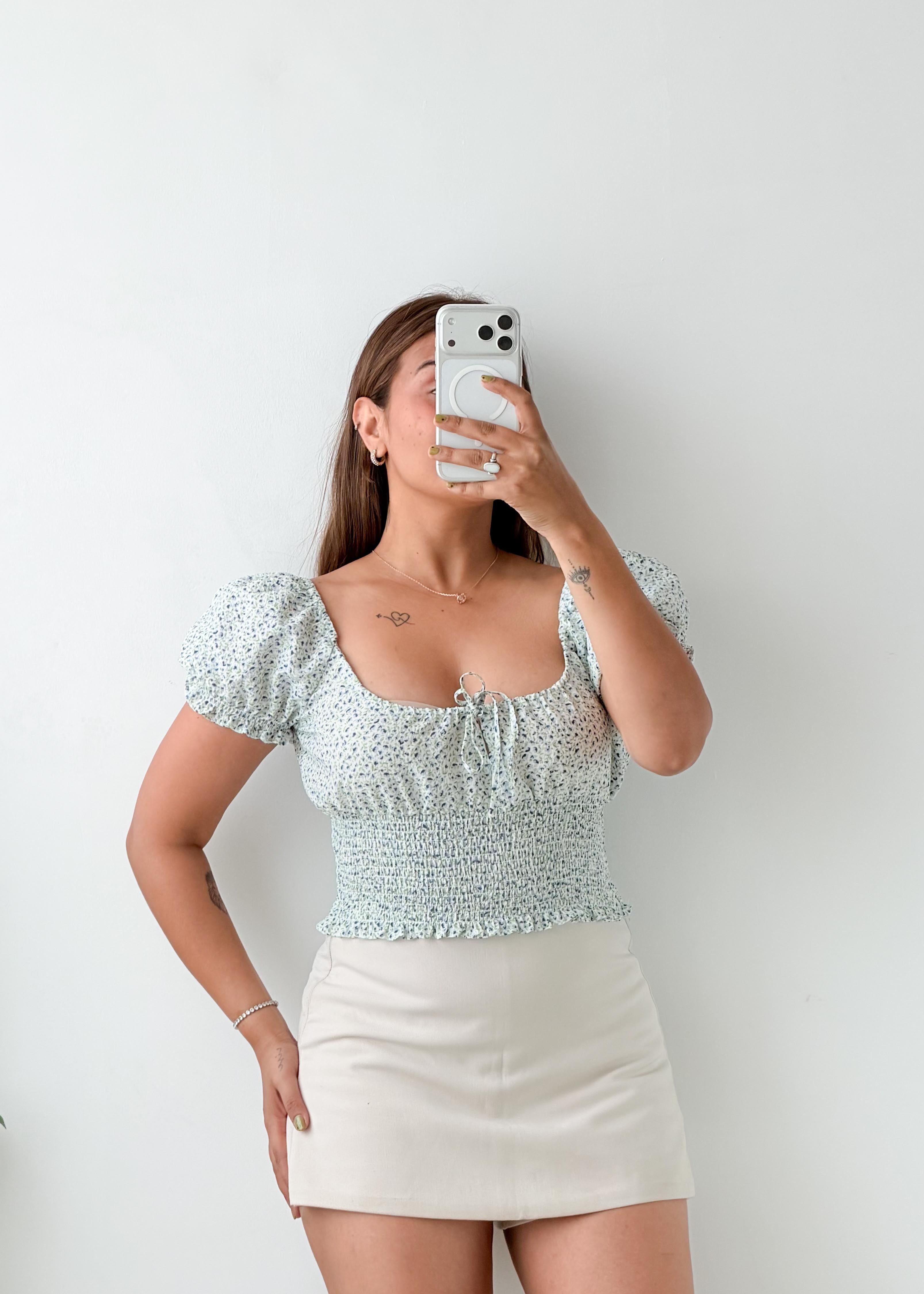 Size S-M White Floral Smocked Crop Top