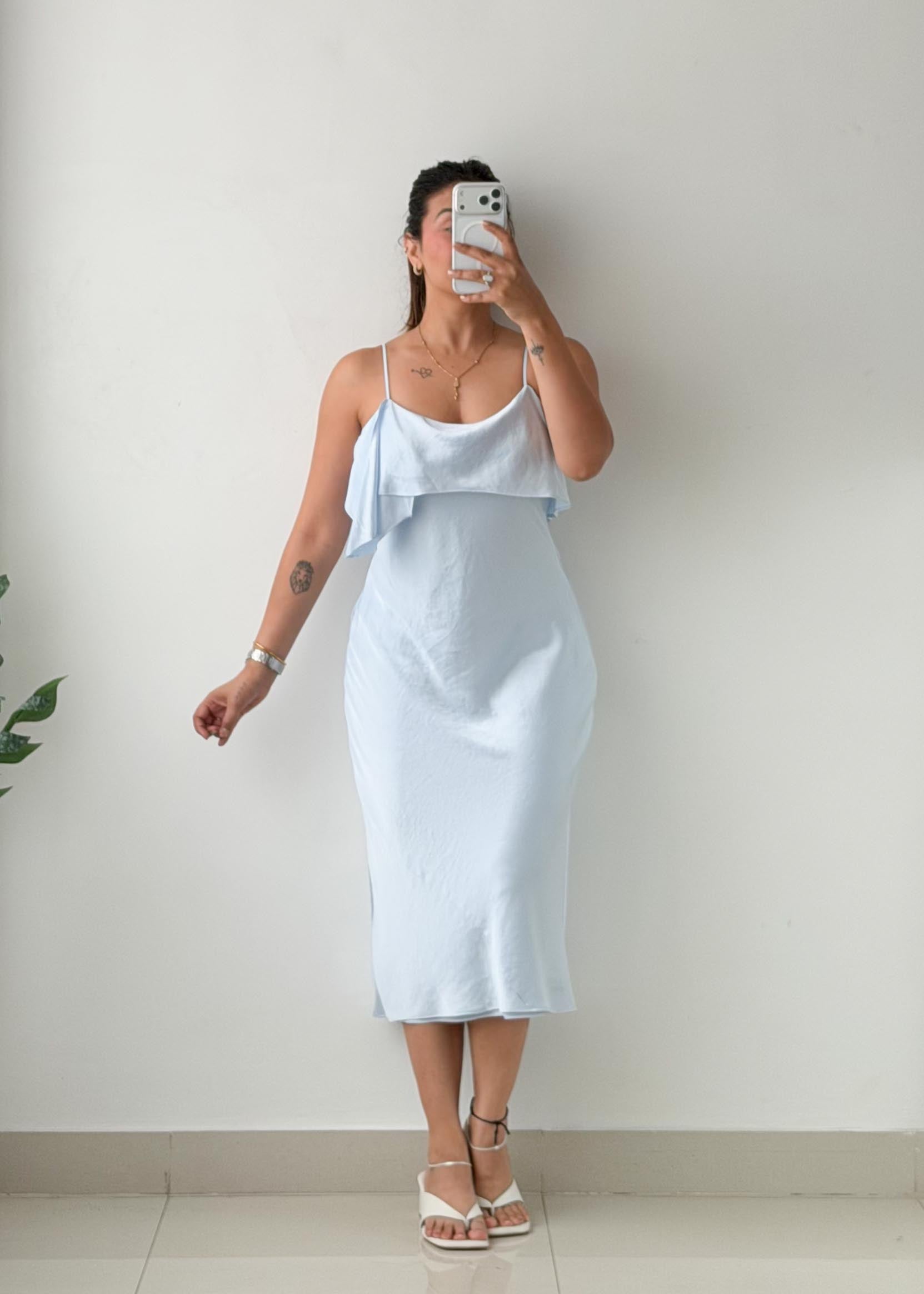 Size S-M Sky Blue Satin Cowl Midi Dress