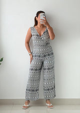Size XS-S Black & White Tribal Print Wide-Leg Jumpsuit