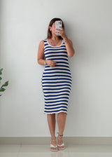 Size M-L Blue Stripe Ribbed Midi Dress
